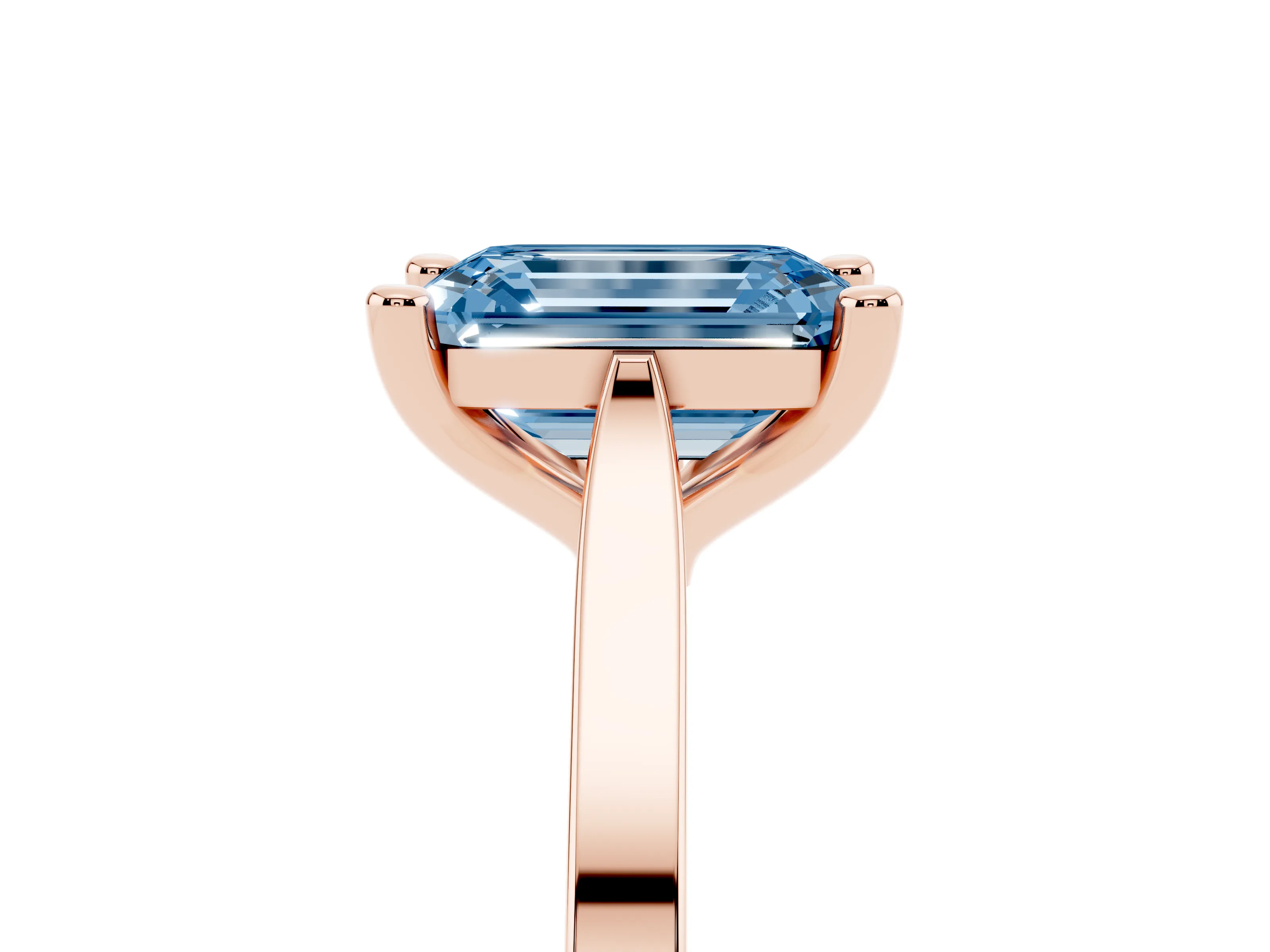 Fancy Blue Emerald Cut Diamond Solitaire Ring Set in Rose gold with Prong Setting and Tapered Band