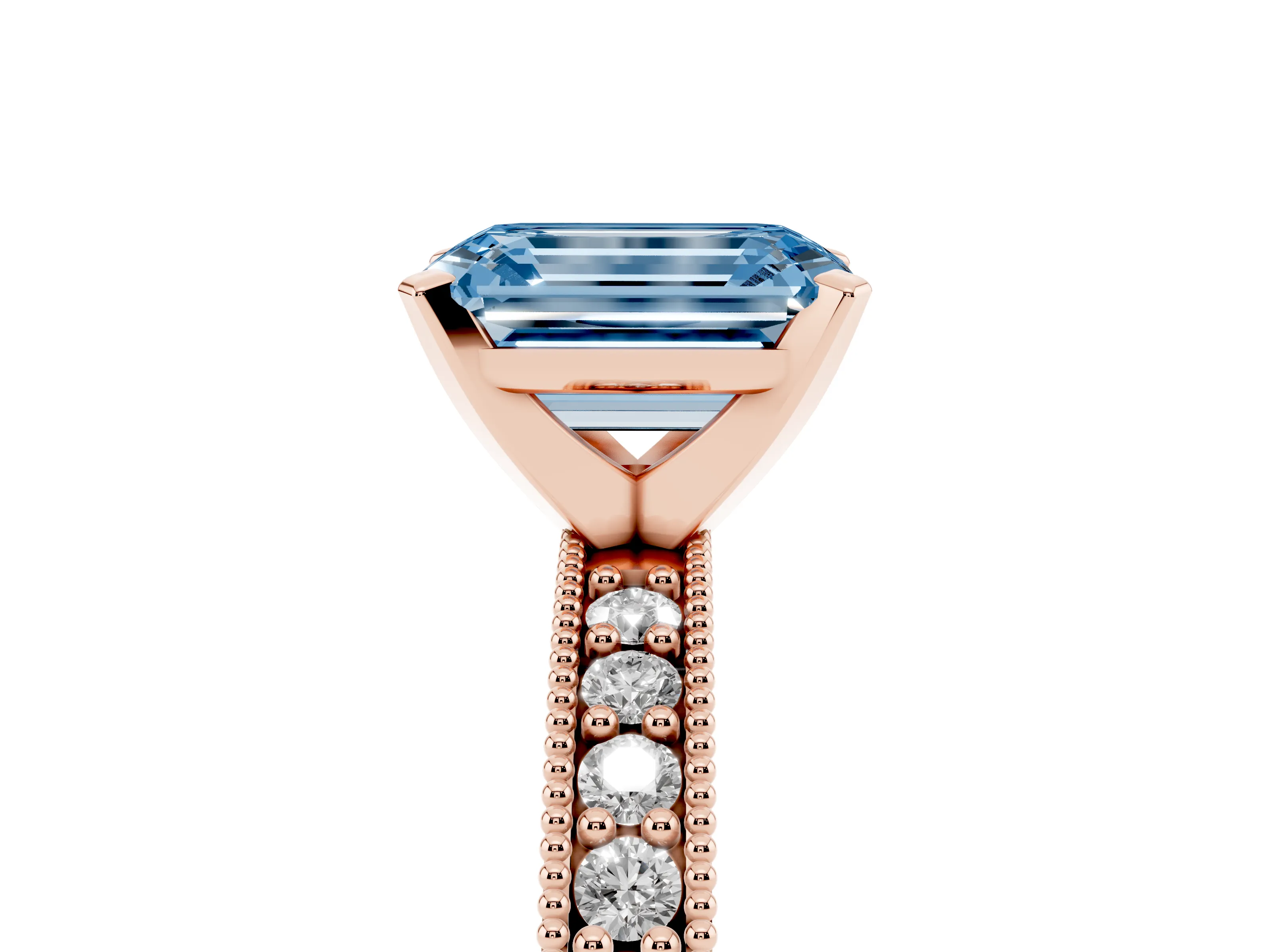Fancy Blue Emerald Cut Diamond Milgrain Pavé Engagement Ring Set in Rose gold with Prong Setting