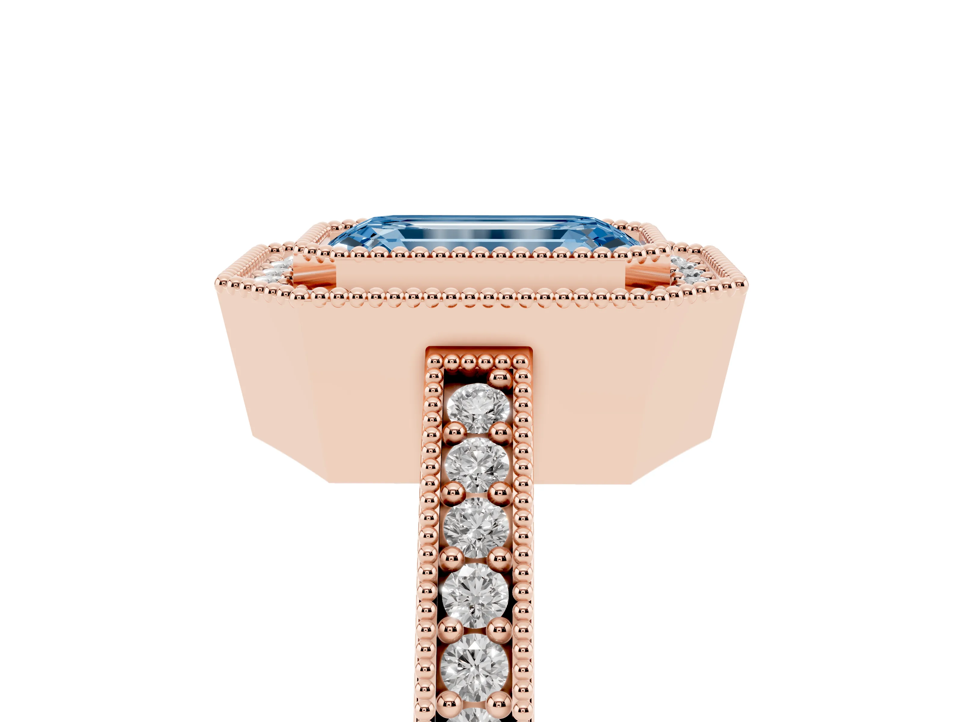 Fancy Blue Emerald Cut Diamond Halo Engagement Ring Set in Rose gold with Pavé Band and Round Halo Stones