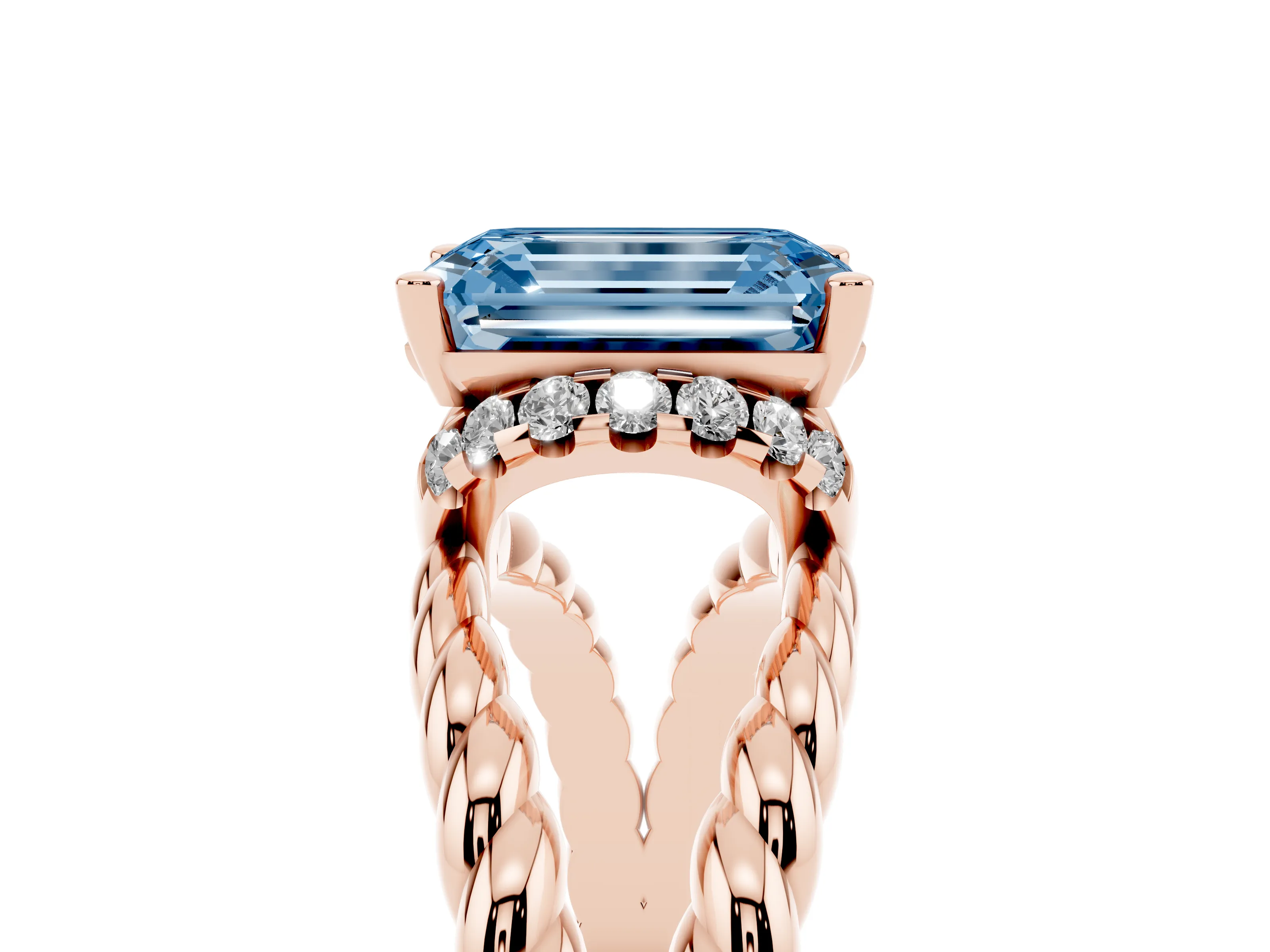 Fancy Blue Emerald Cut Diamond Halo Ring Set in Rose gold with Twisted Band and Prong Setting