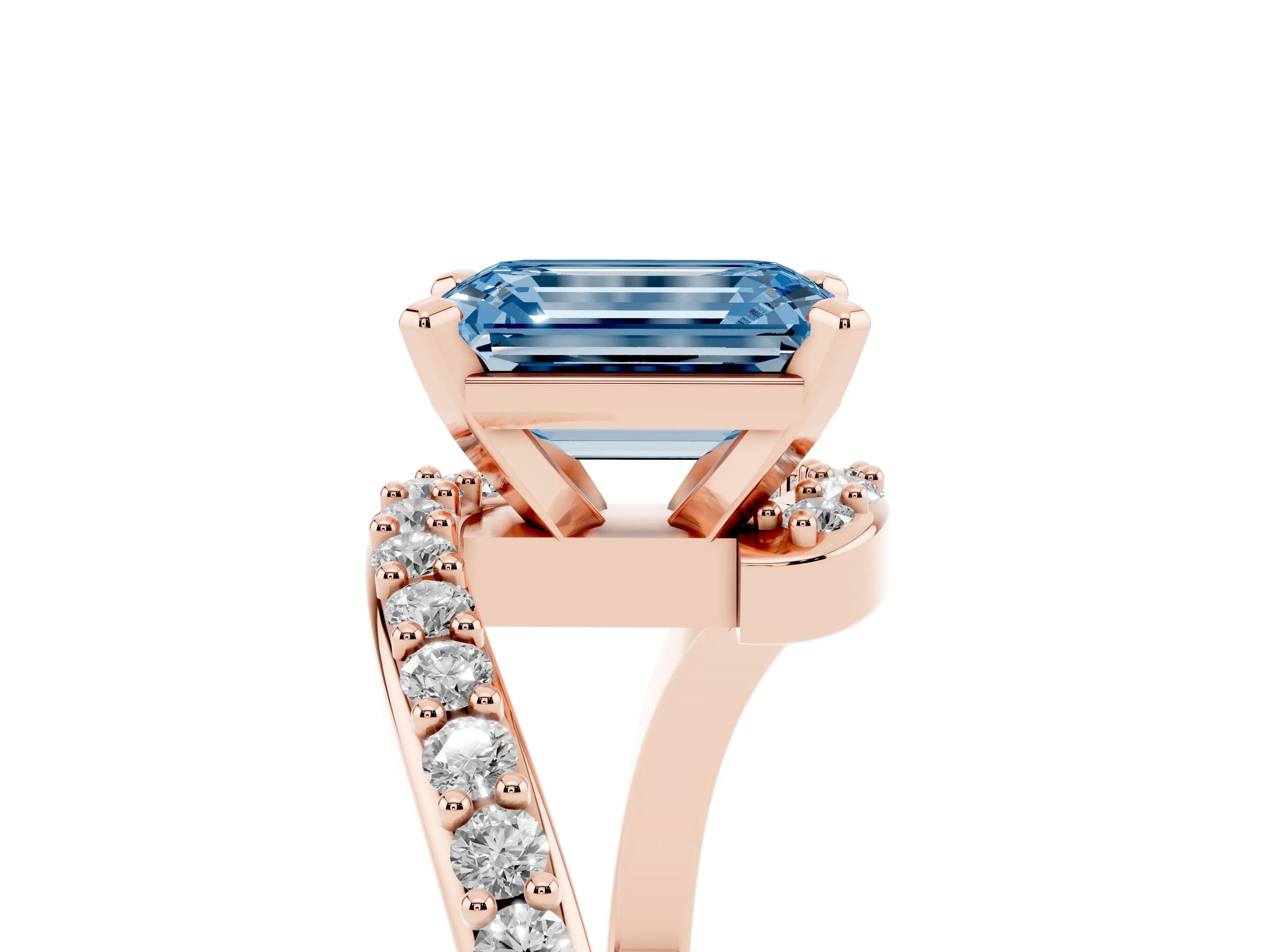 Fancy Blue Emerald Cut Diamond Solitaire Ring Set in Rose gold with Pavé Twist Band and Prong Setting