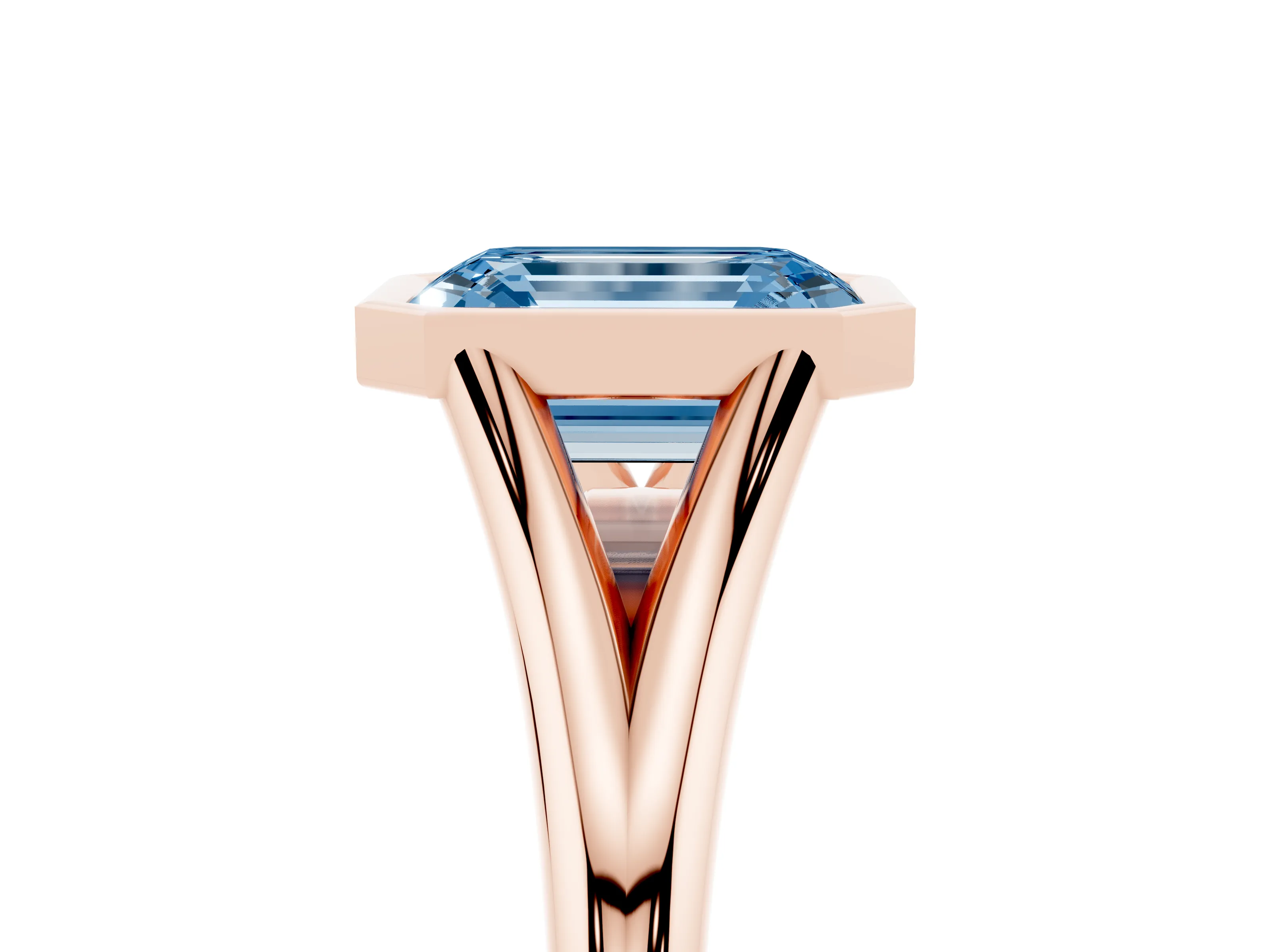 Fancy Blue Bezel Set Emerald Cut Diamond Solitaire Ring Set in Rose gold with Tapered Band