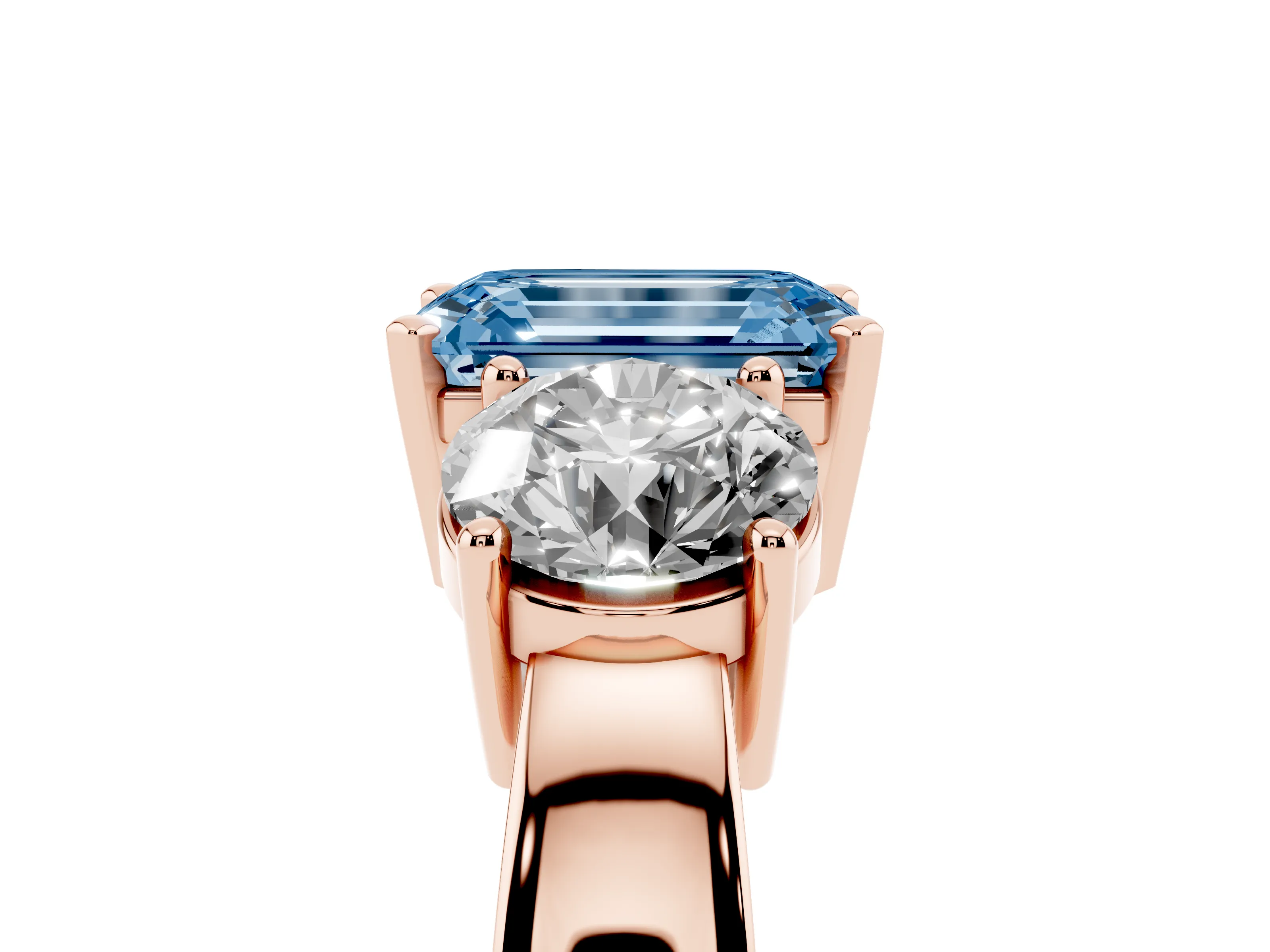 Fancy Blue Emerald Cut Diamond Three-Stone Ring Set in Rose gold with Round Side Stones and Classic Band