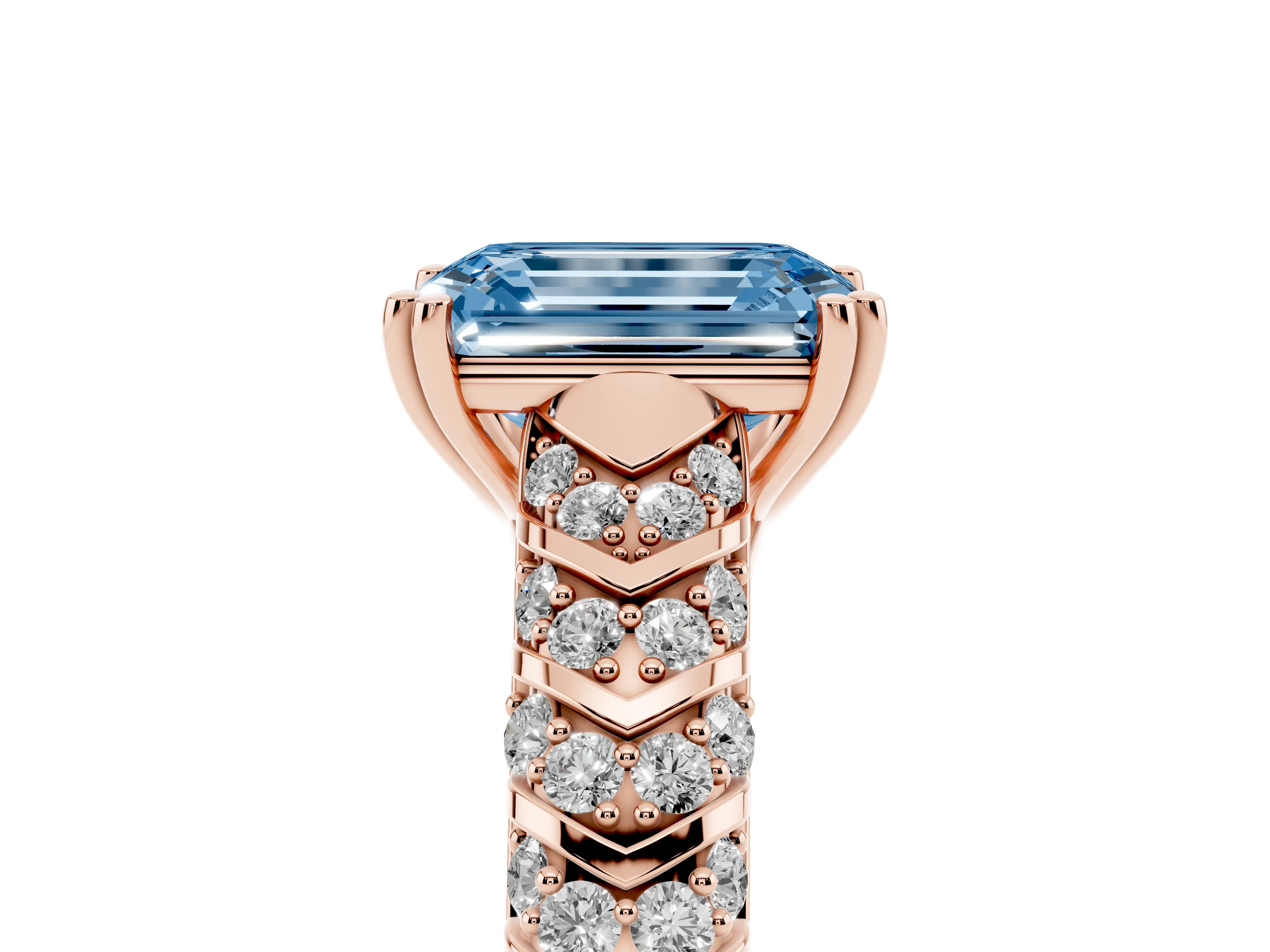 Fancy Blue Emerald Cut Diamond Solitaire Chevron Pavé Engagement Ring Set in Rose gold with Prong Setting