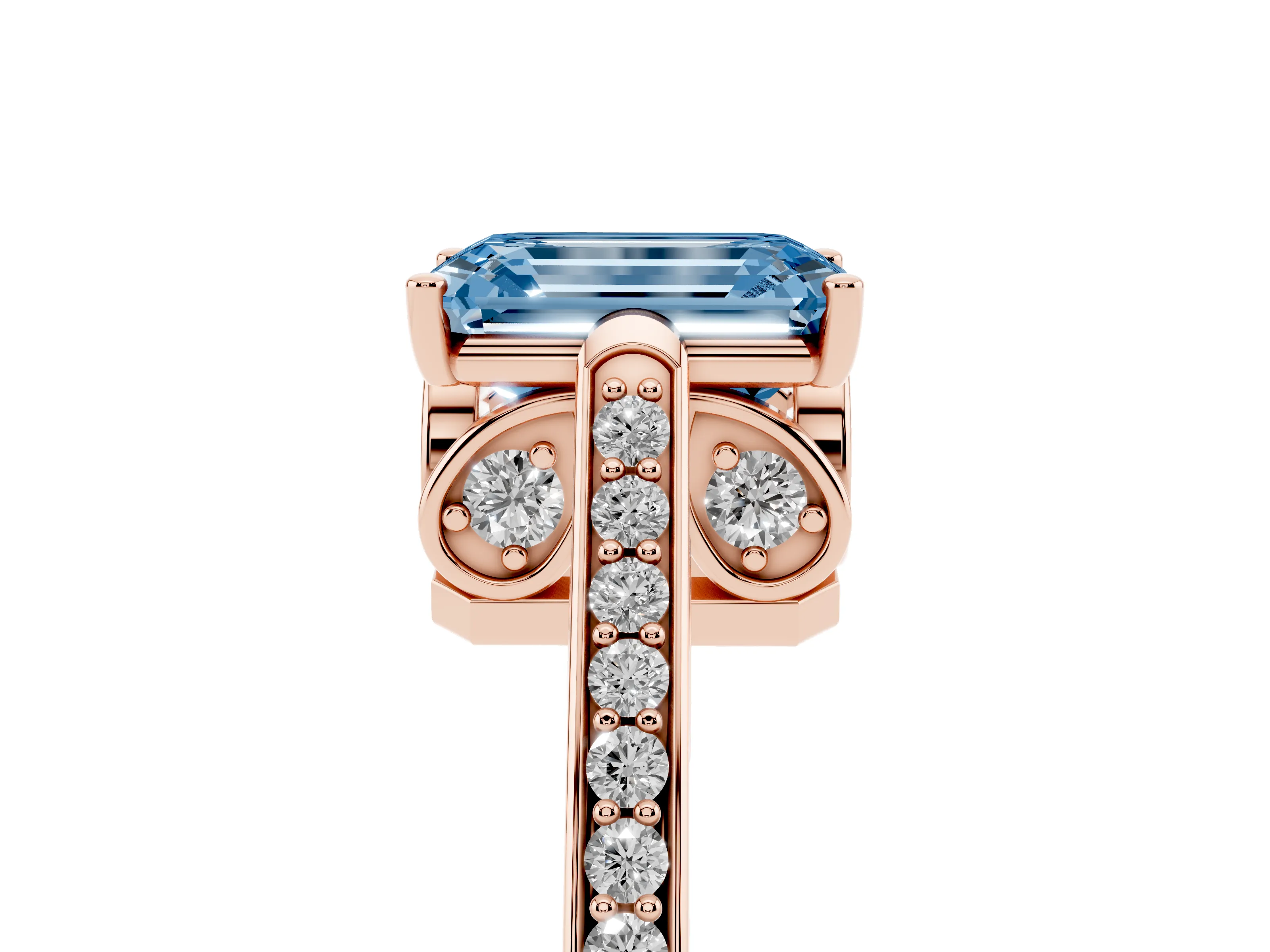 Fancy Blue Emerald Cut Diamond Cathedral Pavé Engagement Ring Set in Rose gold with Prong Setting