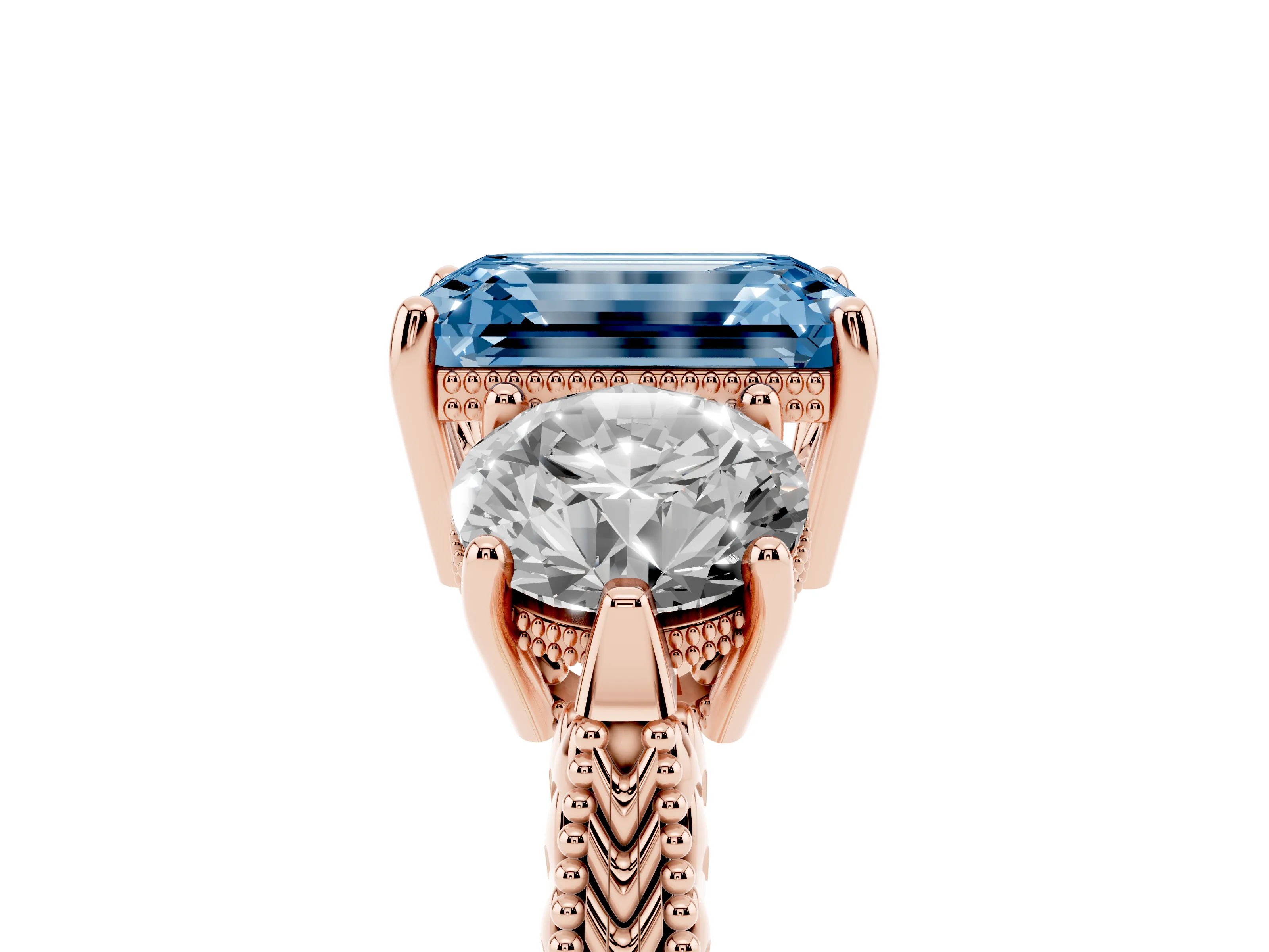 Fancy Blue Emerald Cut Diamond Three-Stone Ring Set in Rose gold with Milgrain Band