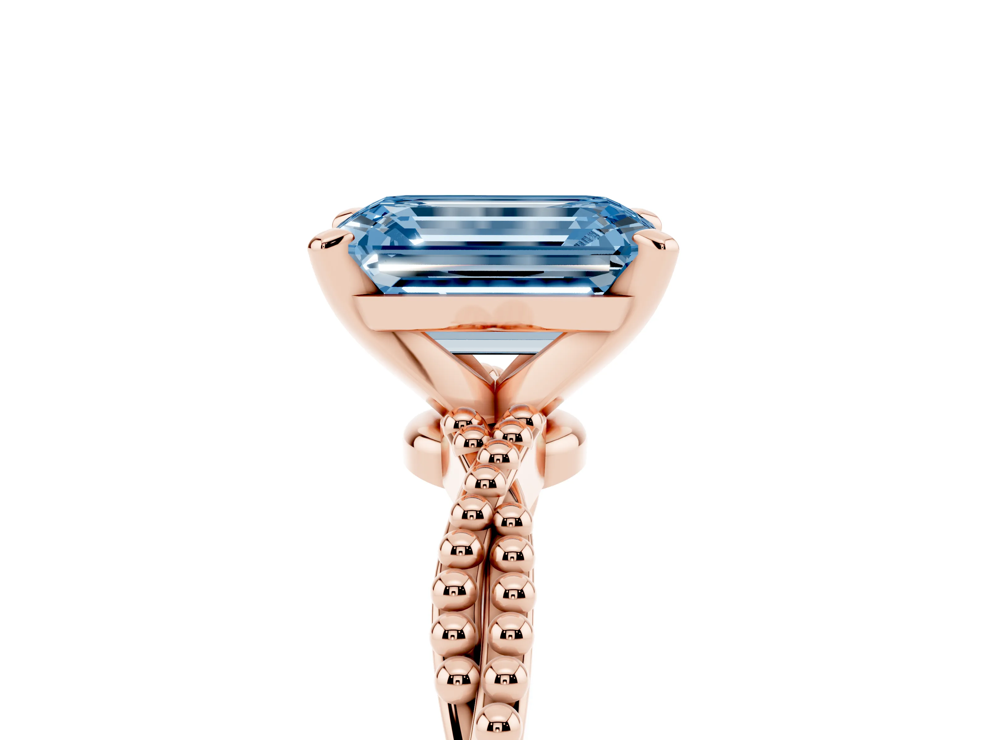 Fancy Blue Emerald Cut Diamond Solitaire Ring Set in Rose gold with Twisted Band and Bead Prong Setting