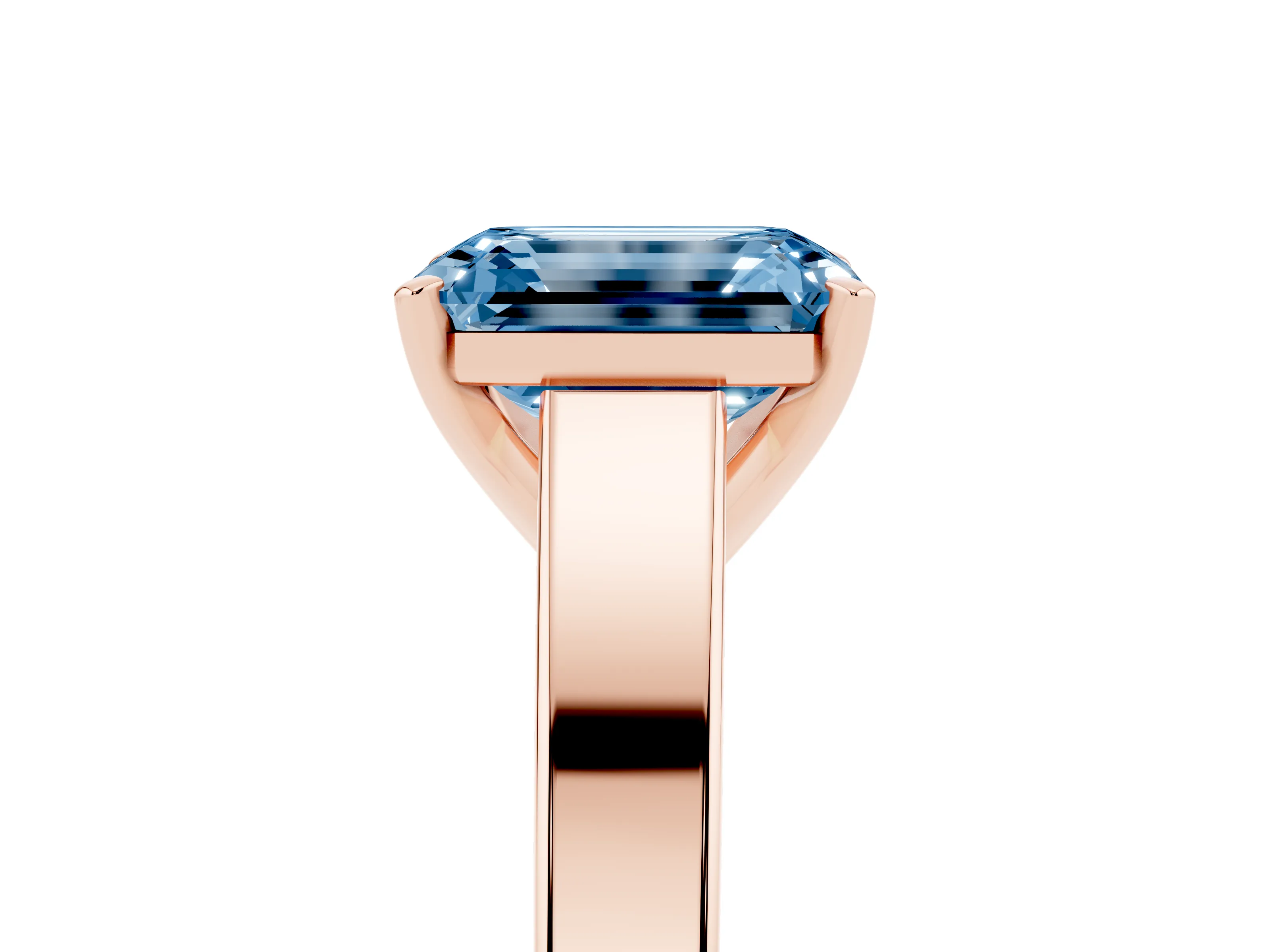 Fancy Blue Emerald Cut Diamond Solitaire Engagement Ring Set in Rose gold with Prong Setting and Tapered Band