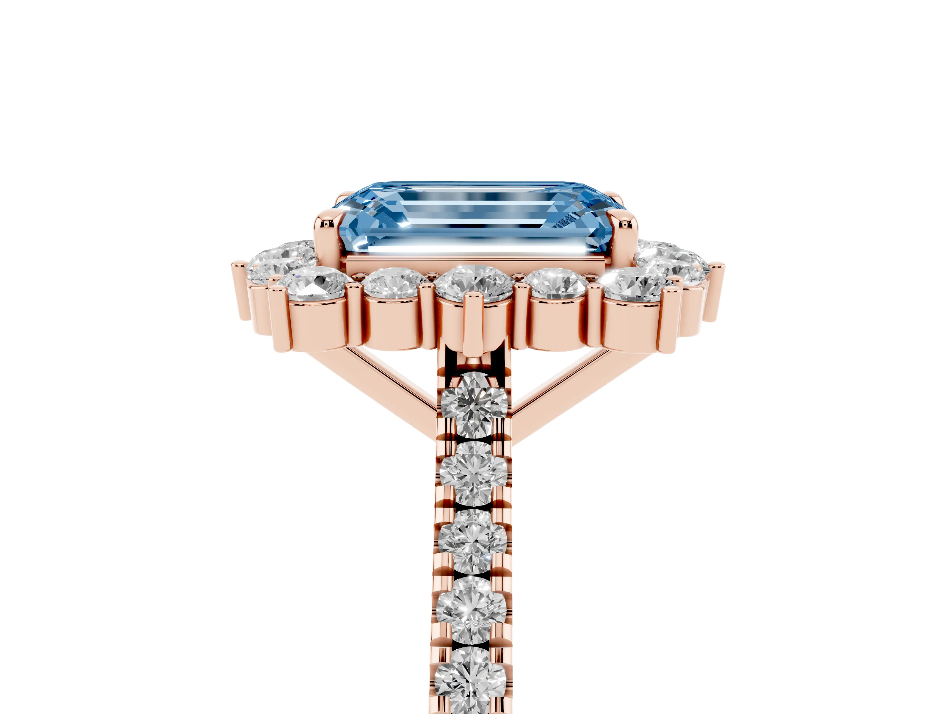 Fancy Blue Emerald Cut Diamond Halo Ring Set in Rose gold with Pavé Band and Prong Setting