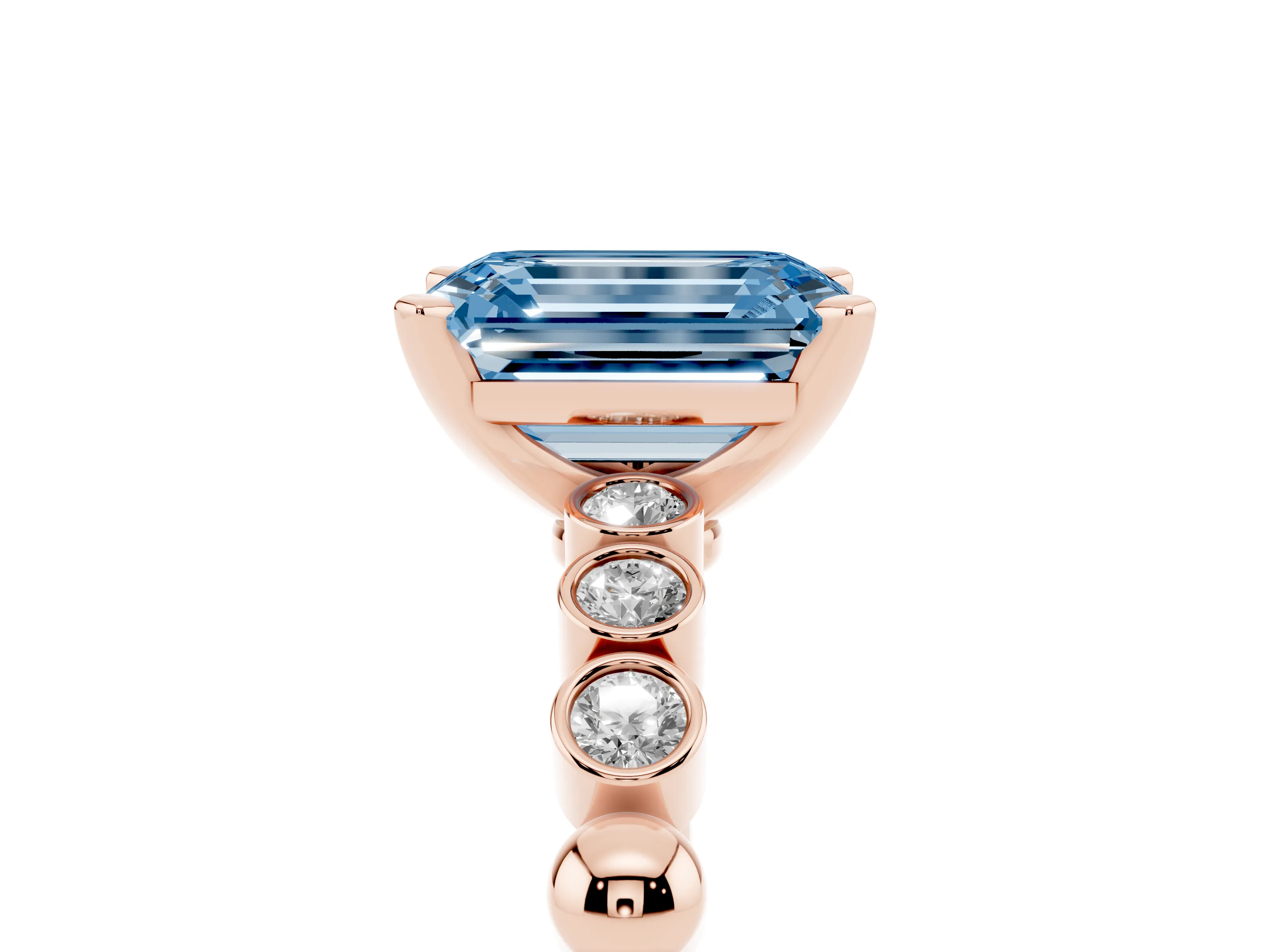 Fancy Blue Emerald Cut Diamond Solitaire Engagement Ring Set in Rose gold with Bezel Accents on Beaded Band