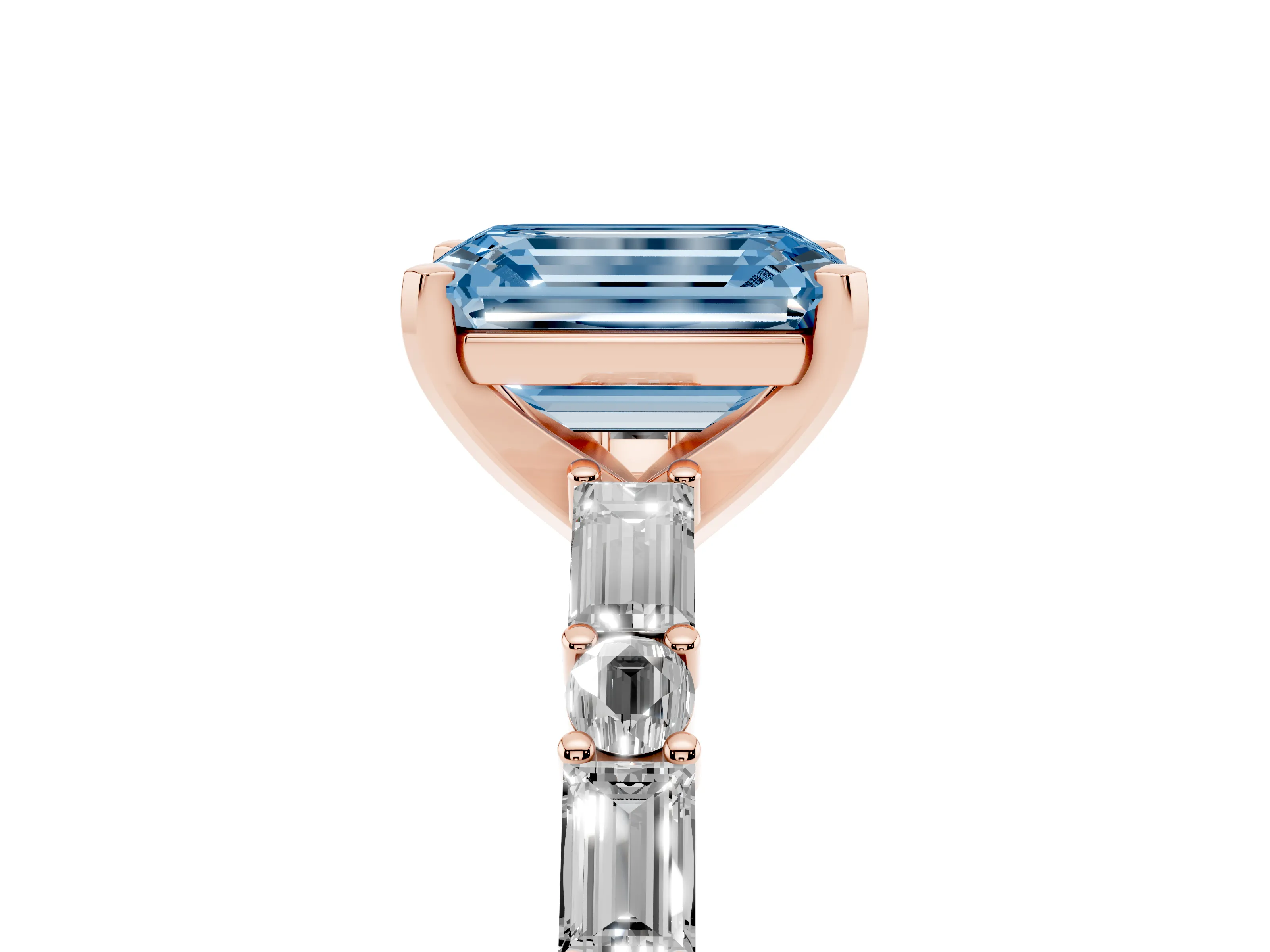 Fancy Blue Emerald Cut Diamond Solitaire Set in Rose gold with Side Baguettes and Channel Set Band