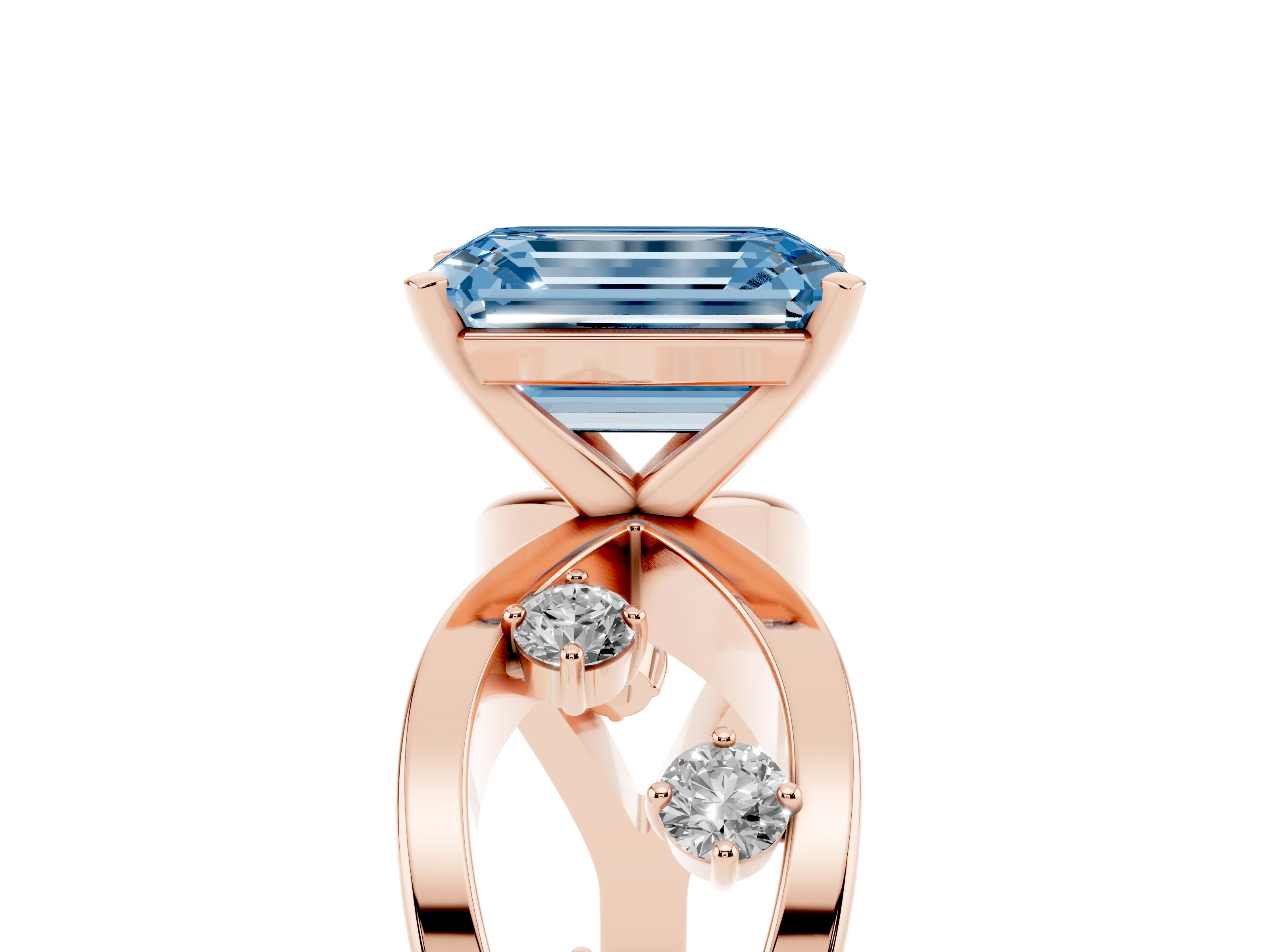 Fancy Blue Emerald Cut Diamond Solitaire Ring Set in Rose gold with Side Stones on Criss-Cross Band and Prong Setting