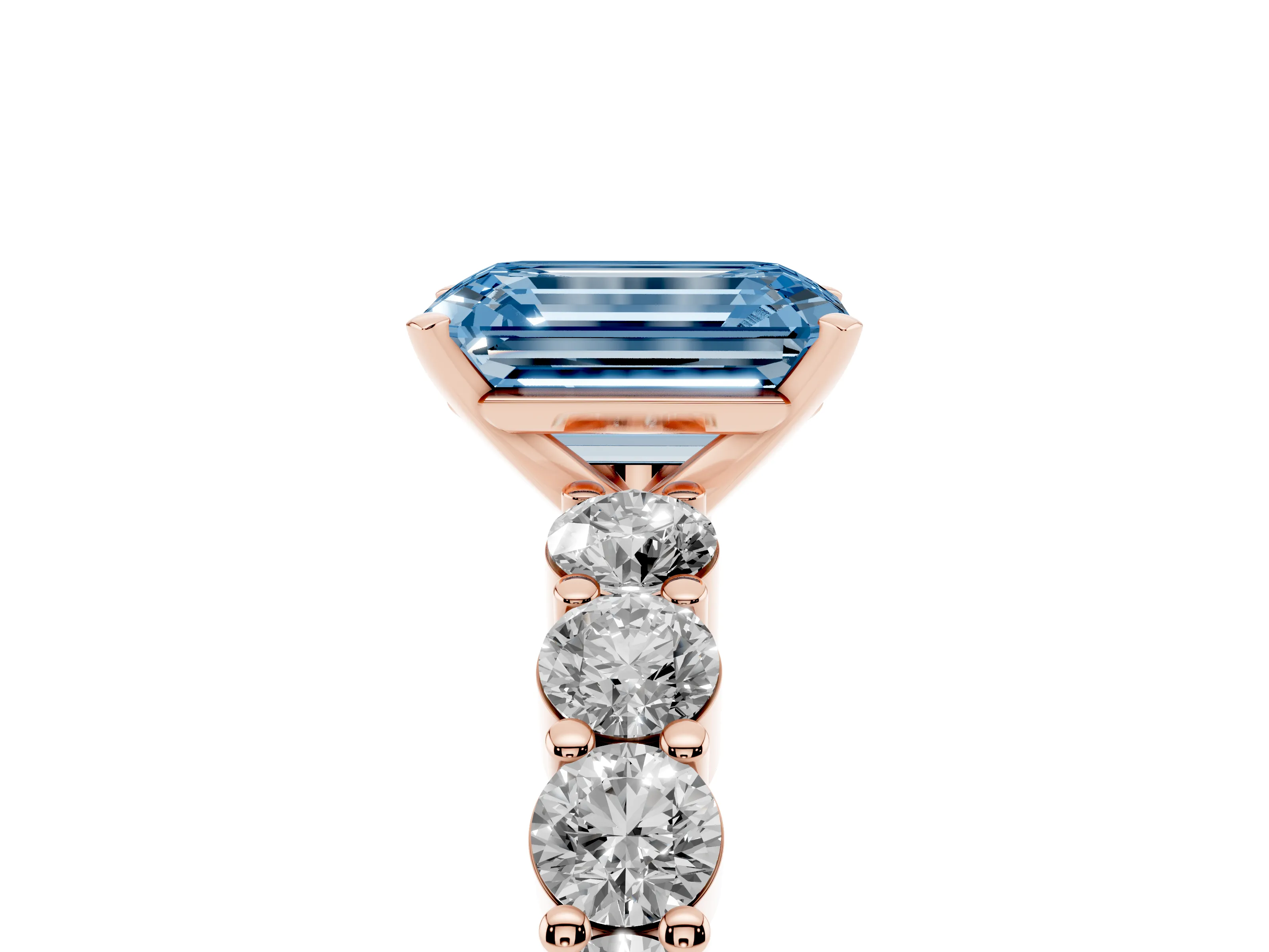 Fancy Blue Emerald Cut Diamond Solitaire Ring Set in Rose gold with Shared Prong Round Side Stones