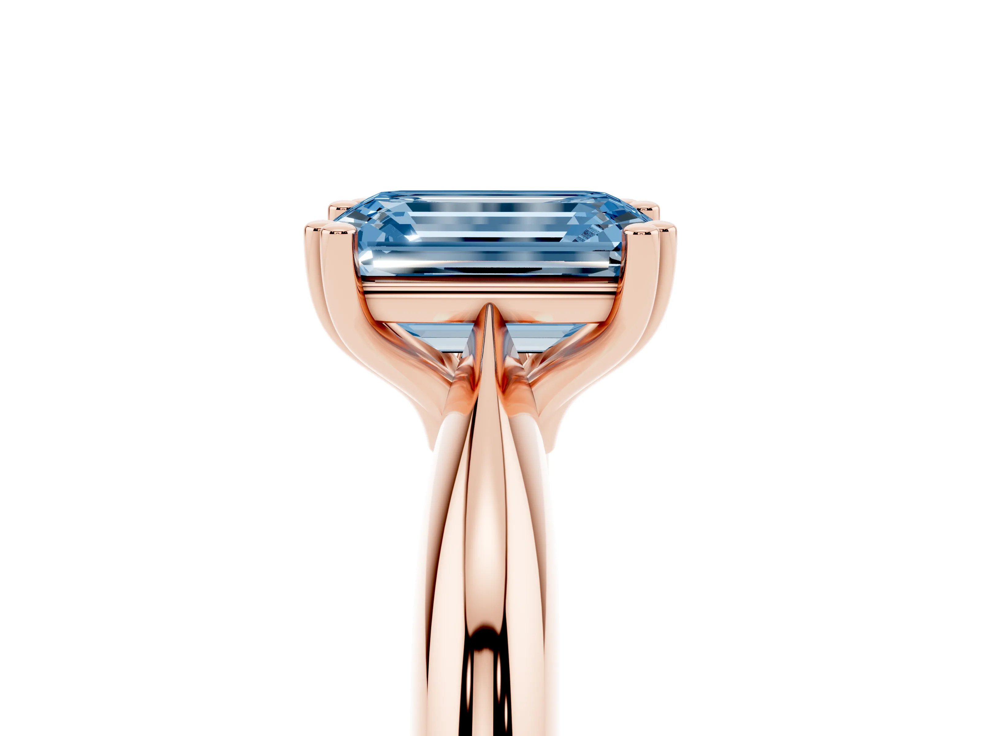 Fancy Blue Emerald Cut Diamond Solitaire Engagement Ring Set in Rose gold with Tapered Band and Prong Setting