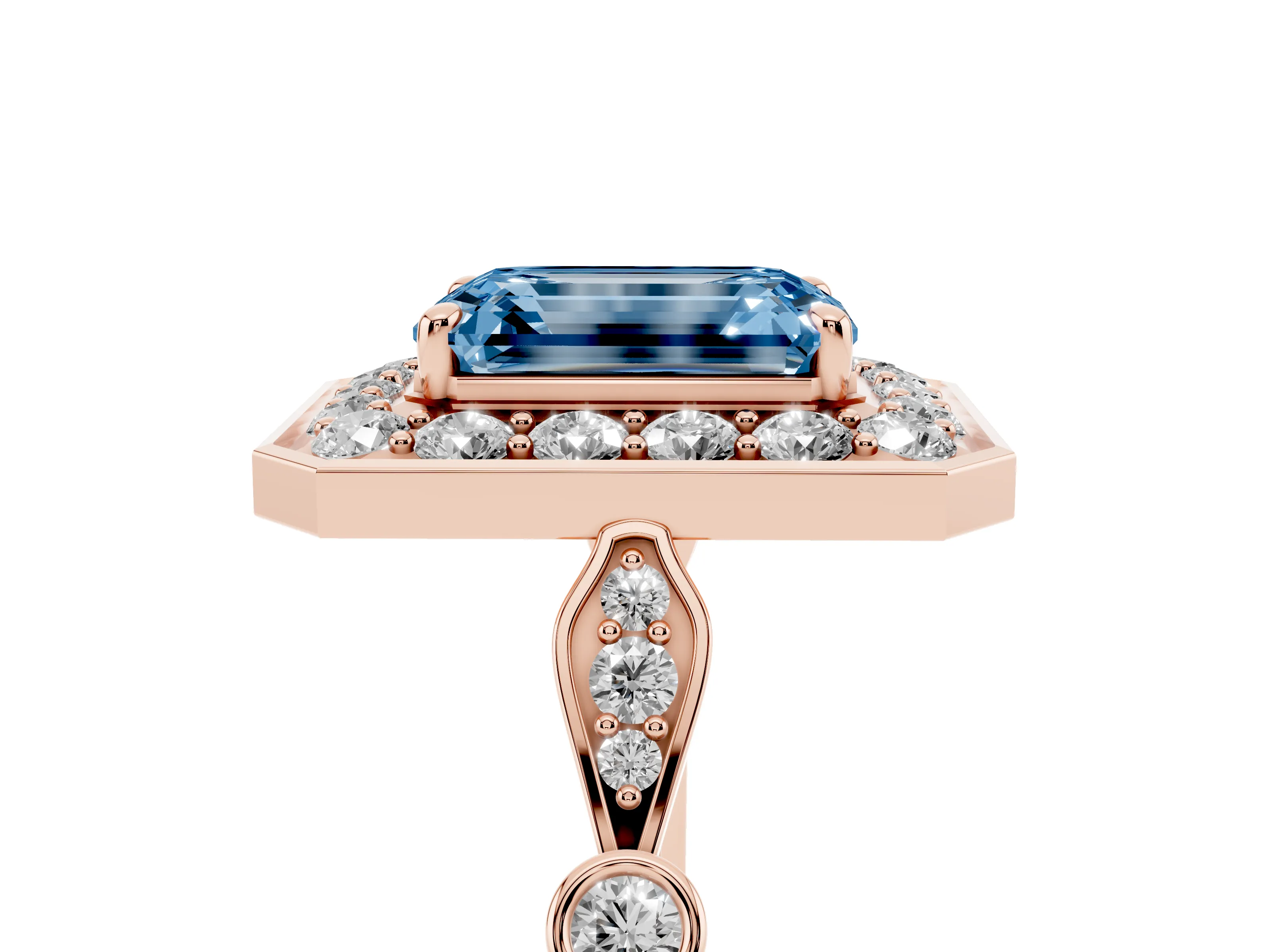 Fancy Blue Emerald Cut Diamond Halo Engagement Ring Set in Rose gold with Twisted Band and Prong Setting