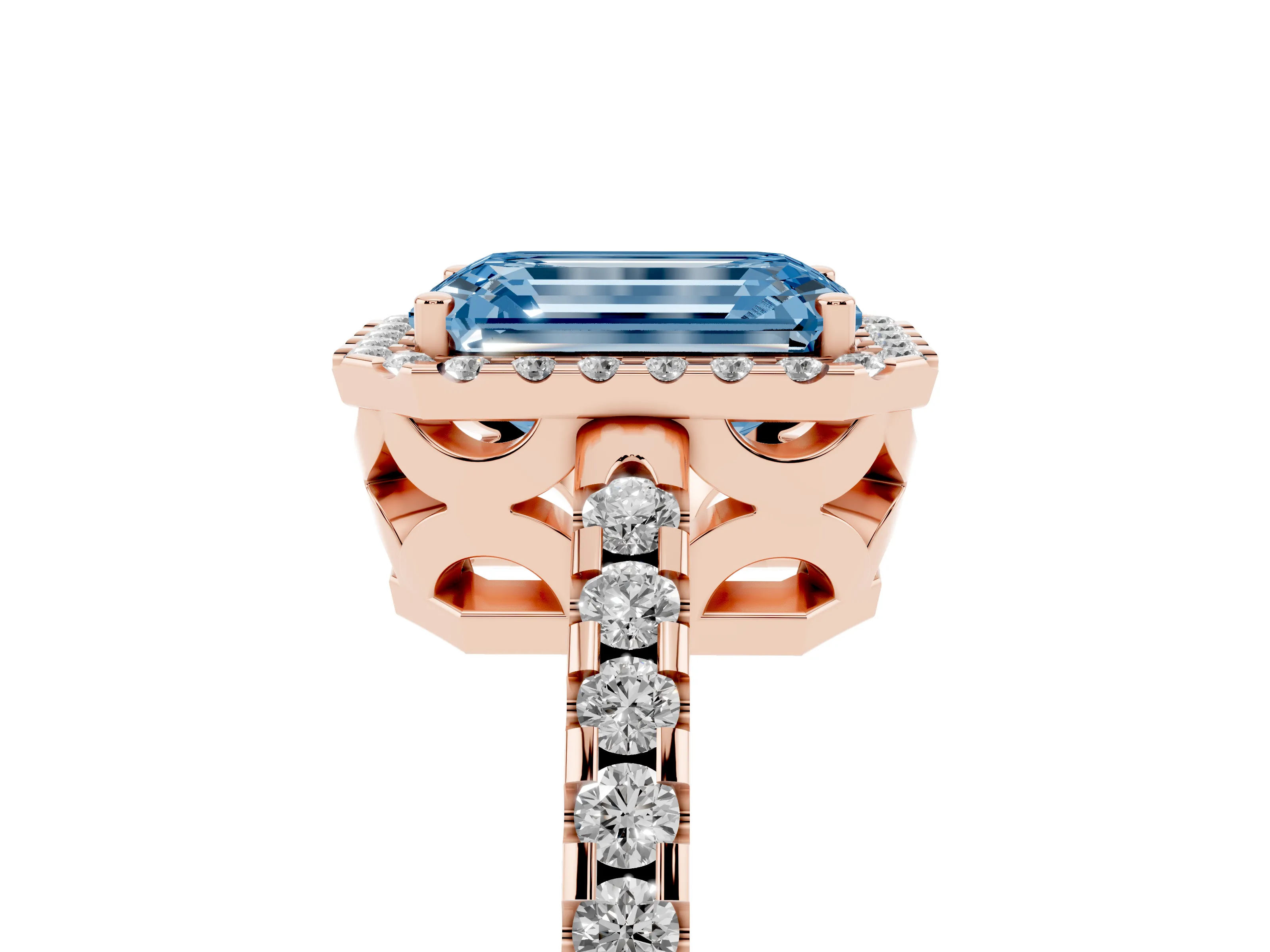 Fancy Blue Emerald Cut Diamond Halo Ring Set in Rose gold with Pavé Shoulders and Halo-Framed Center