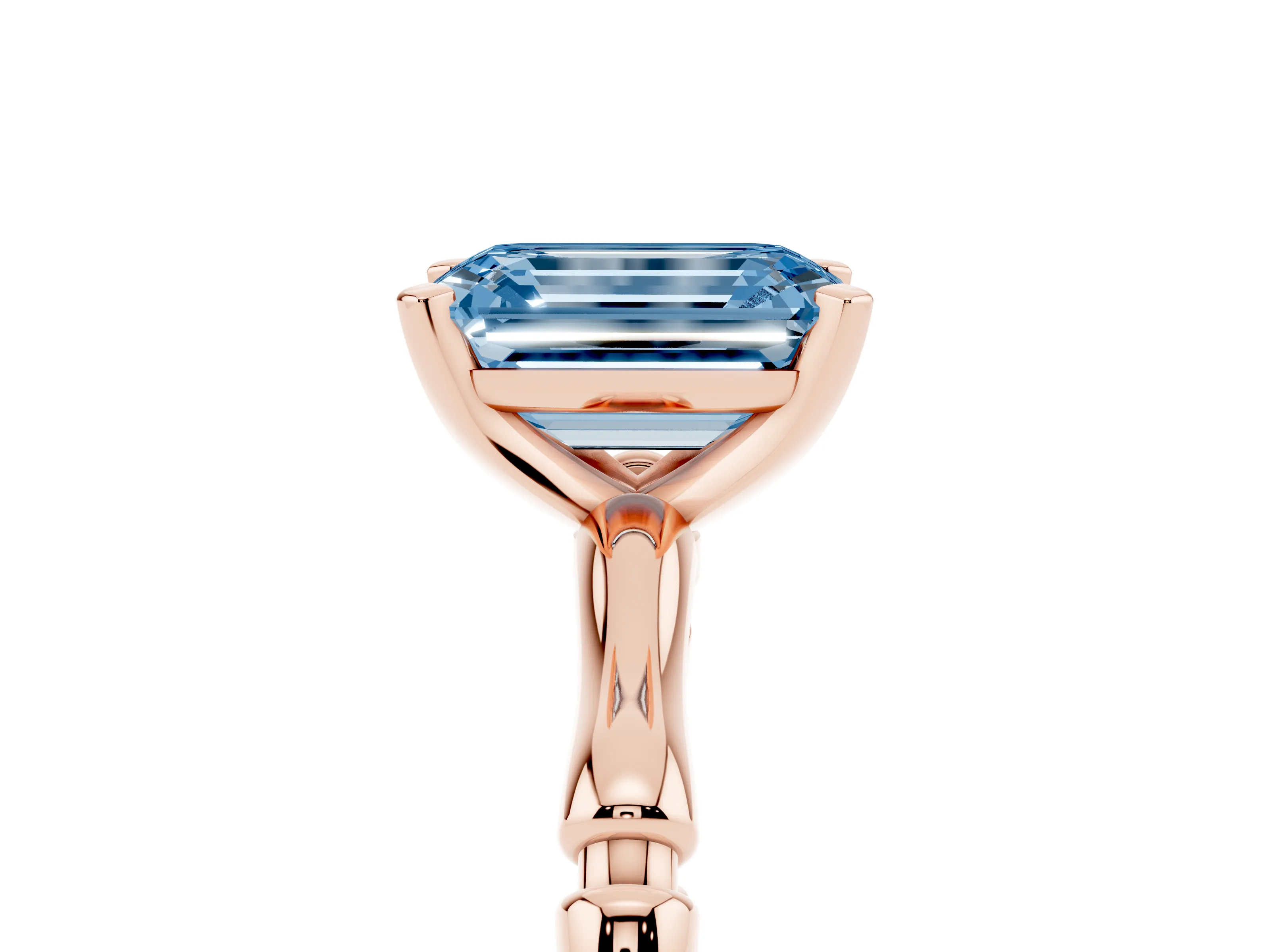Fancy Blue Emerald Cut Diamond Solitaire Ring Set in Rose gold with Bamboo Band and Prong Setting