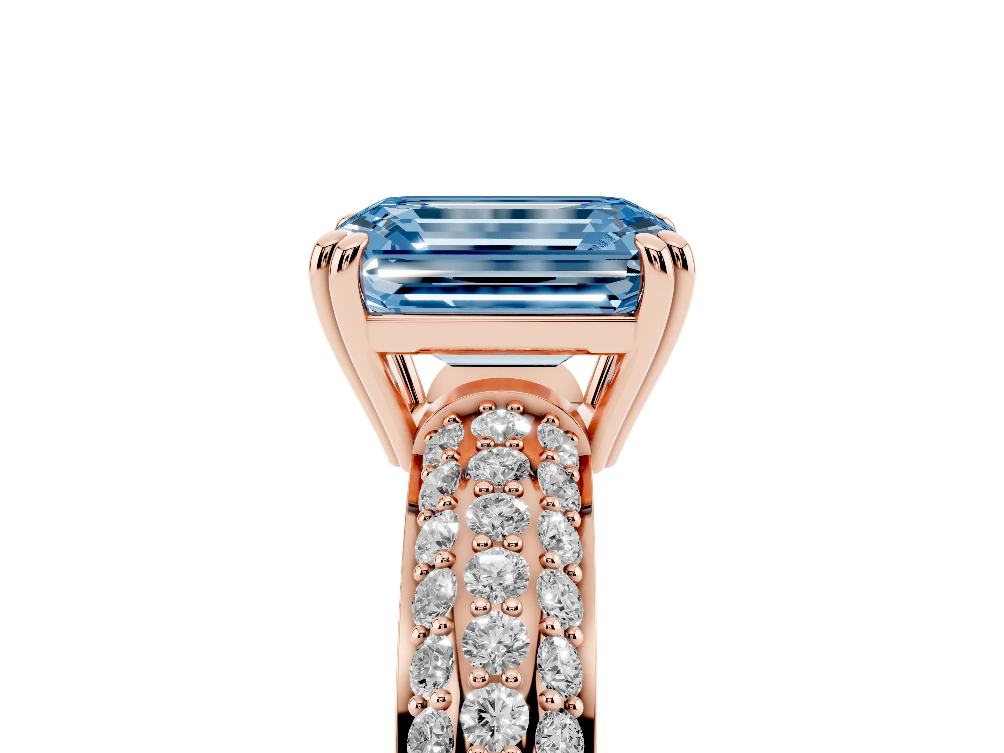 Fancy Blue Emerald Cut Diamond Solitaire Ring Set in Rose gold with Multi-Row Round Pavé Band and Prong Setting