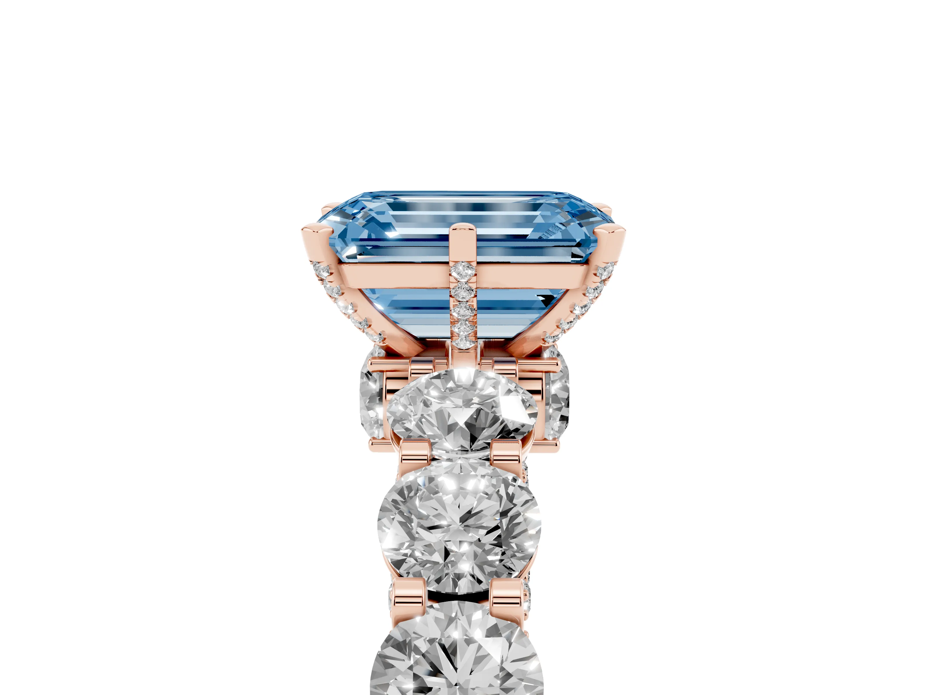 Fancy Blue Emerald Cut Diamond Side Stone Ring Set in Rose gold with Alternating Round and Oval Side Stones