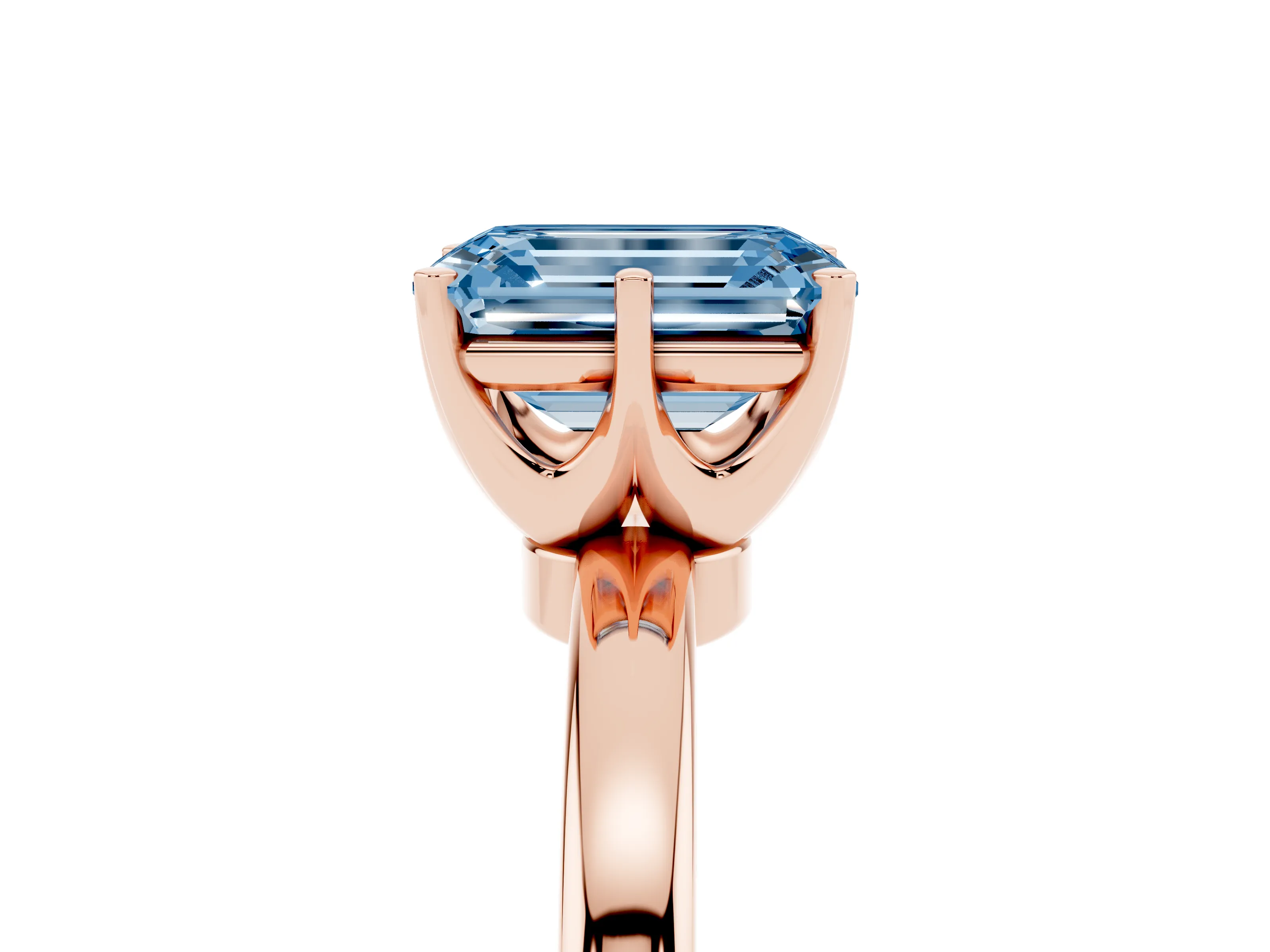 Fancy Blue Emerald Cut Diamond Solitaire Ring Set in Rose gold with Raised Prong Setting on a Classic Band