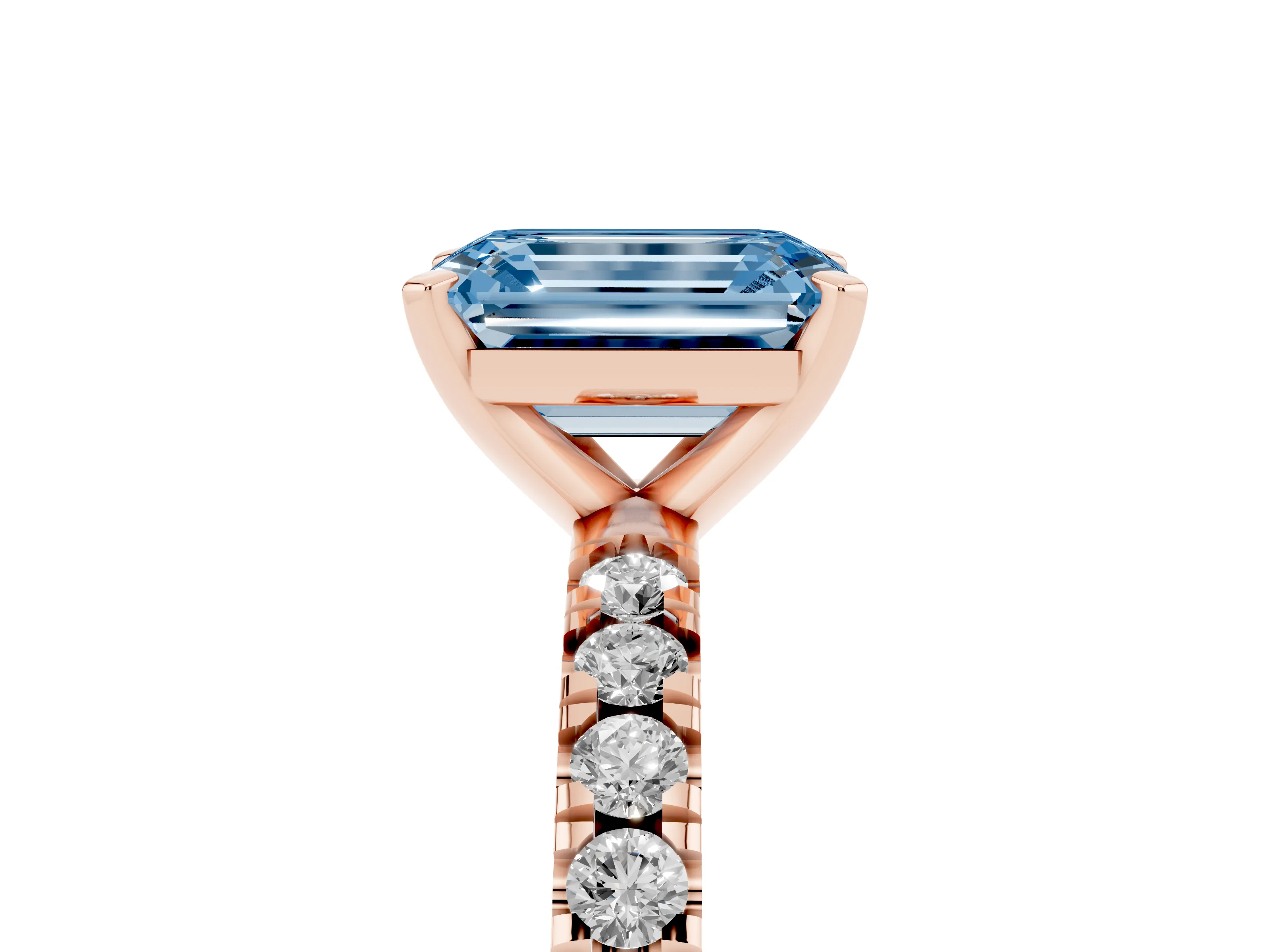 Fancy Blue Emerald Cut Diamond Pavé Band Solitaire Set in Rose gold with Prong Setting