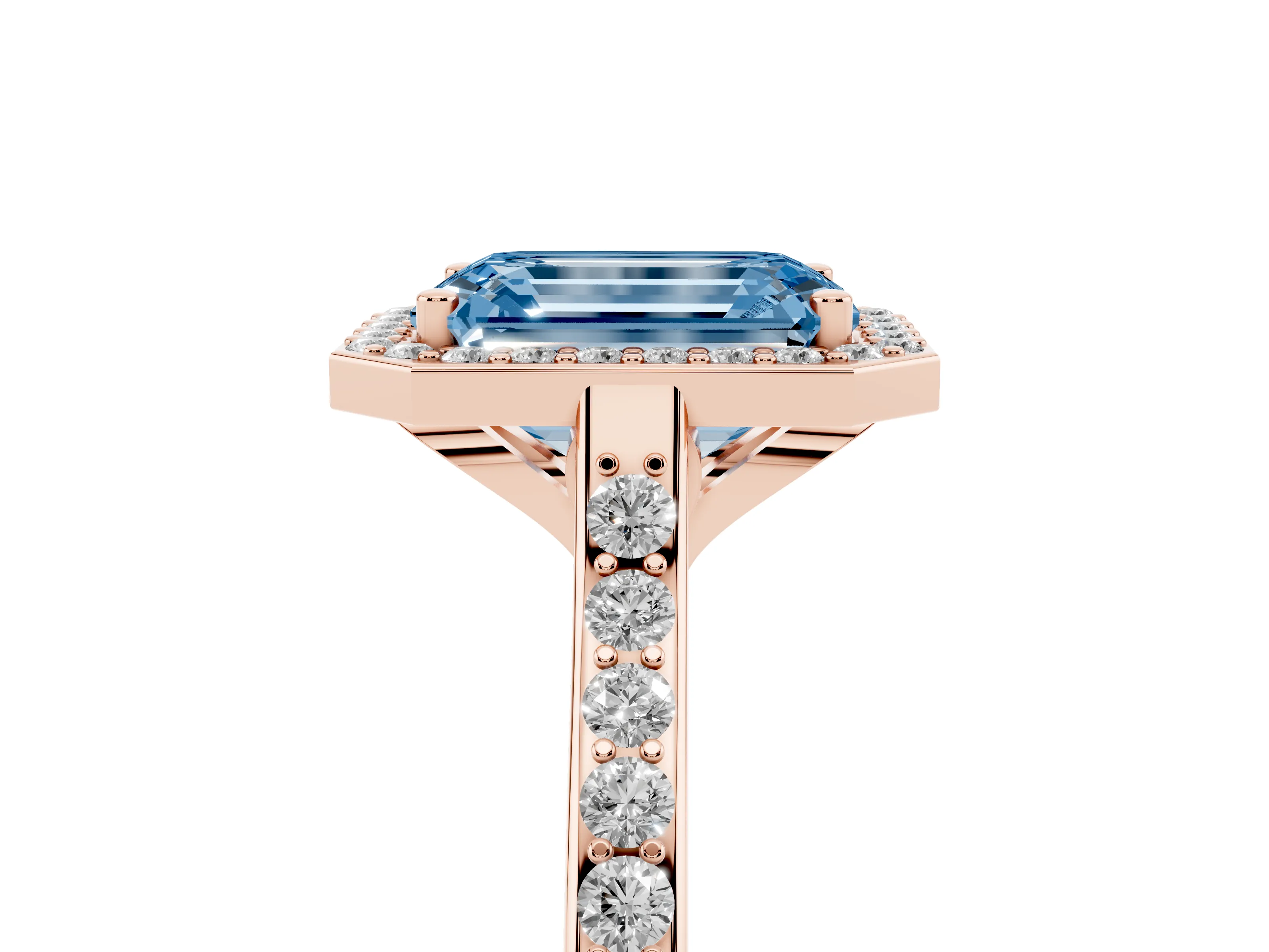 Fancy Blue Emerald Cut Diamond Halo Engagement Ring Set in Rose gold with Round Pavé Shoulders and Heart Gallery
