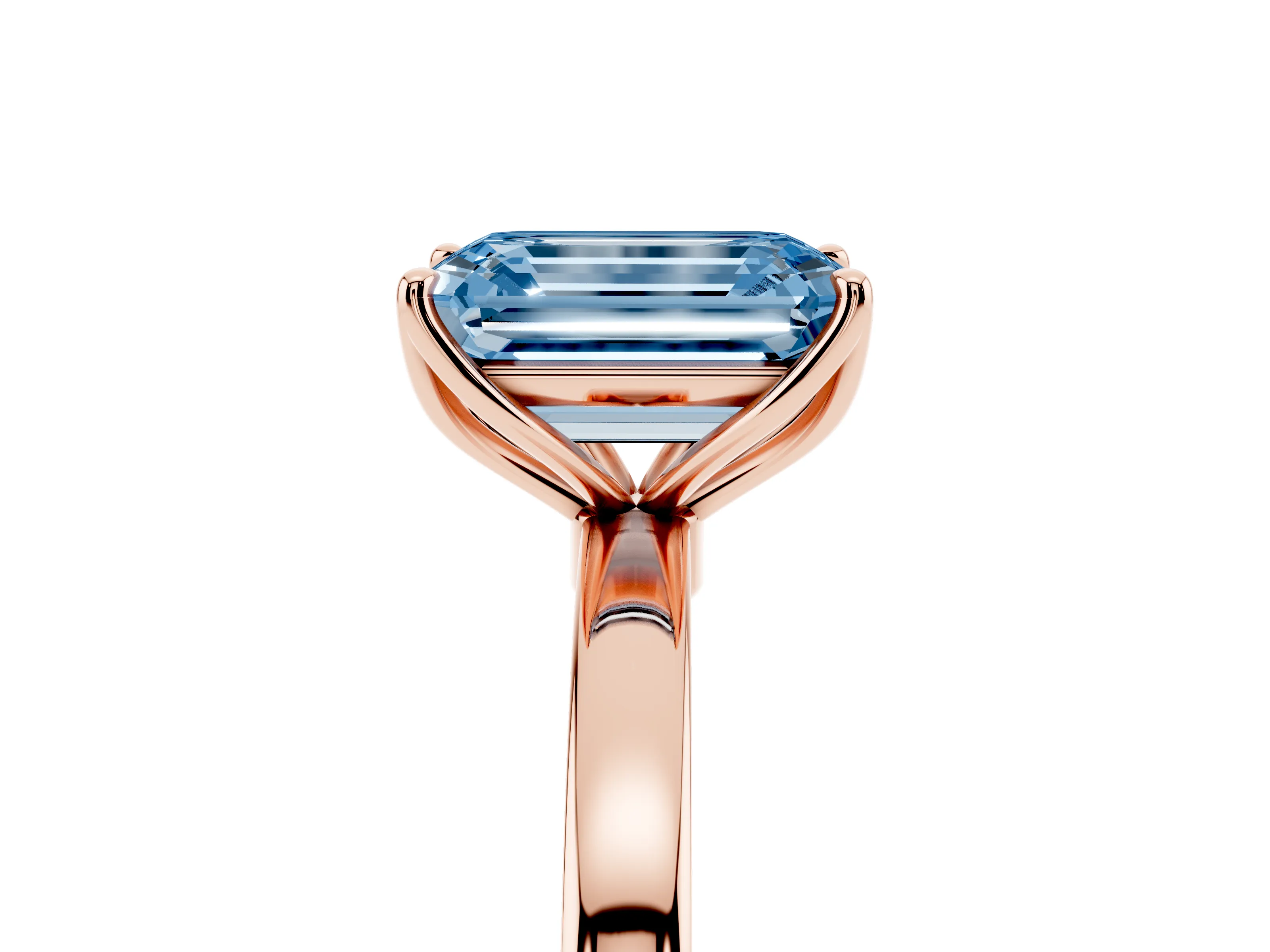 Fancy Blue Emerald Cut Diamond Solitaire Ring Set in Rose gold with Prong Setting and Thin Polished Band