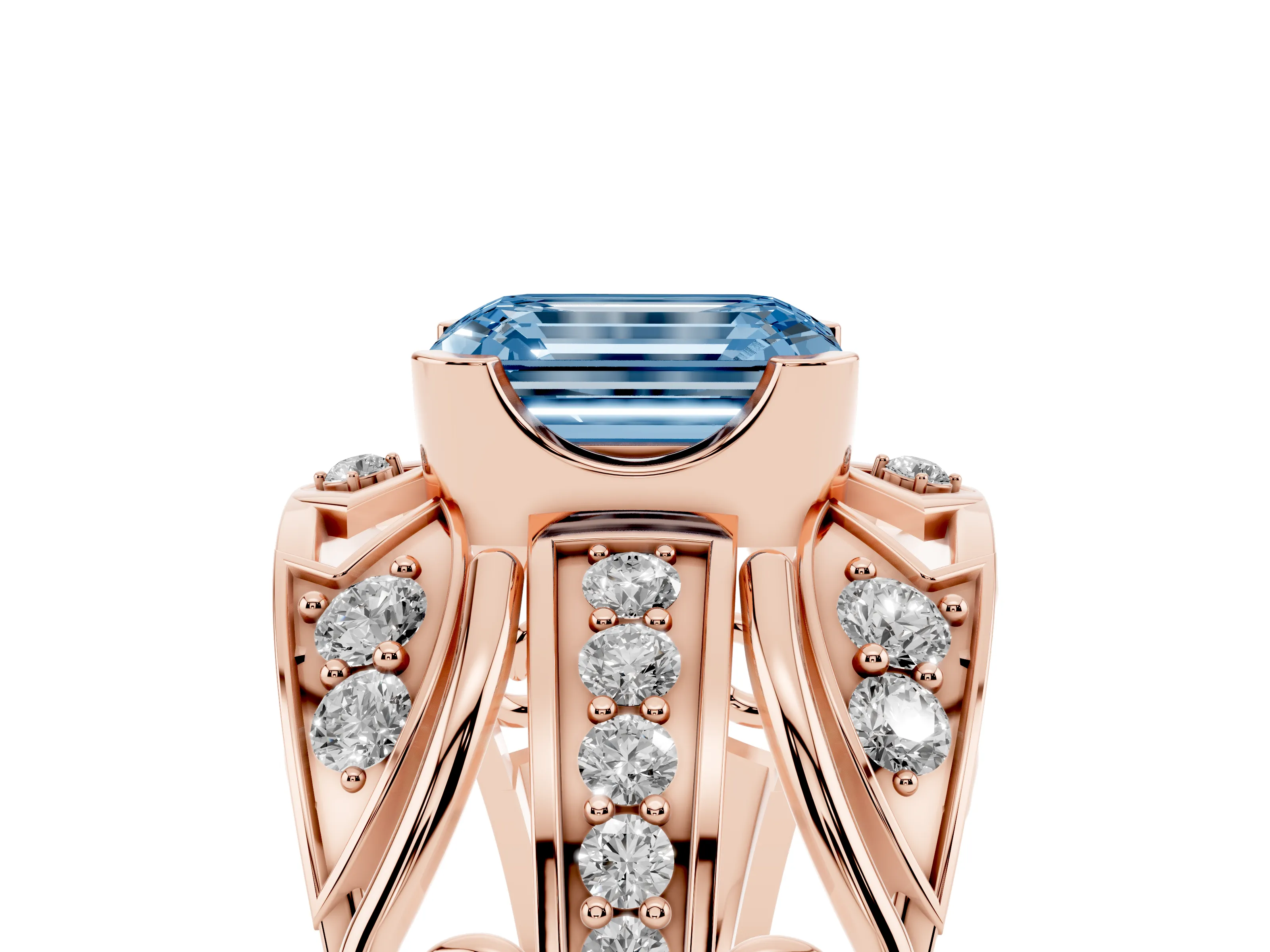 Fancy Blue Emerald Cut Diamond Art Deco Ring Set in Rose gold with Pavé Split Shank