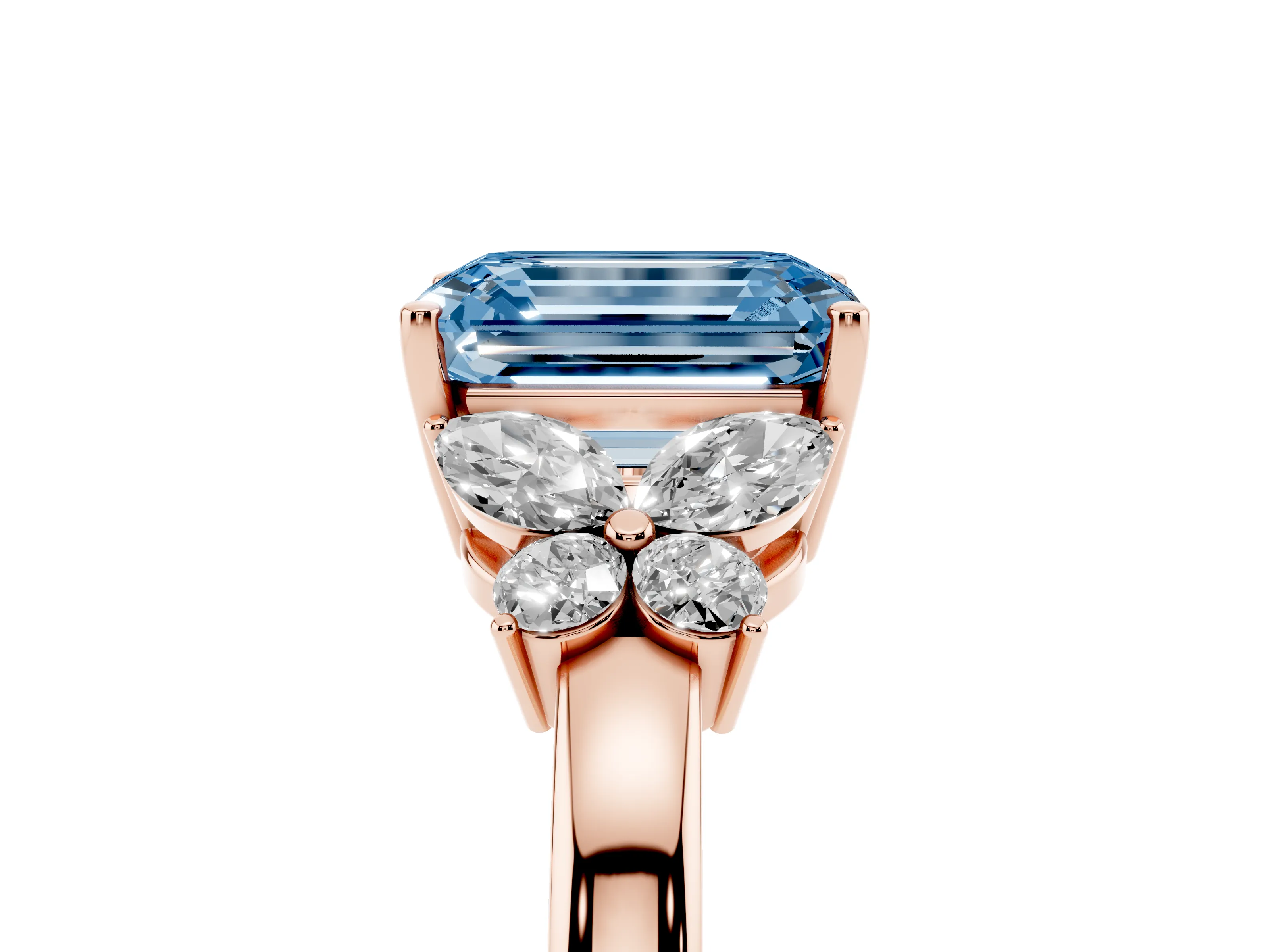Fancy Blue Emerald Cut Diamond Solitaire Floral Ring Set in Rose gold with Marquise Petals and Prong Setting