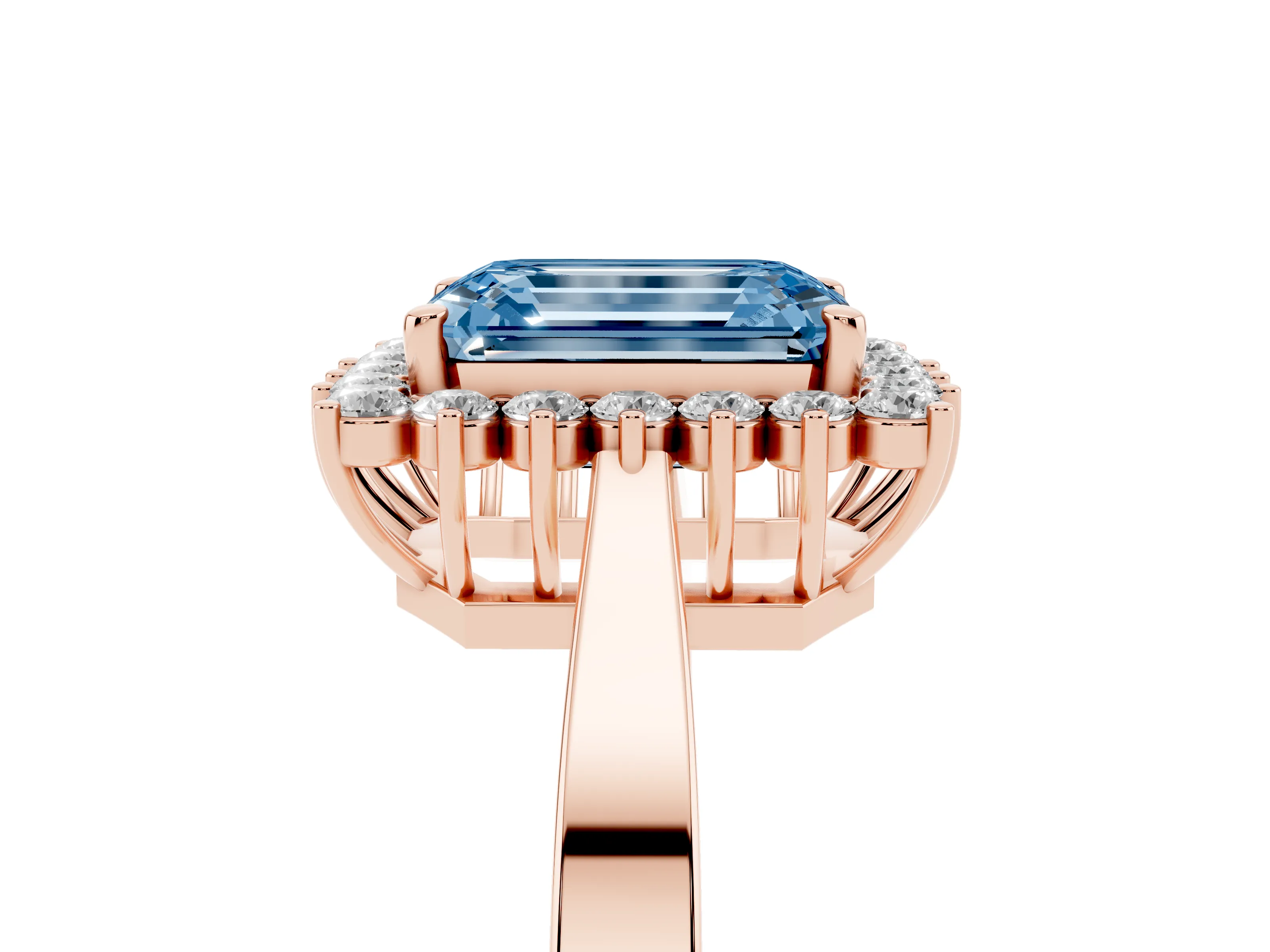 Fancy Blue Emerald Cut Diamond Halo Ring Set in Rose gold with Round Halo and Smooth Solitaire Band