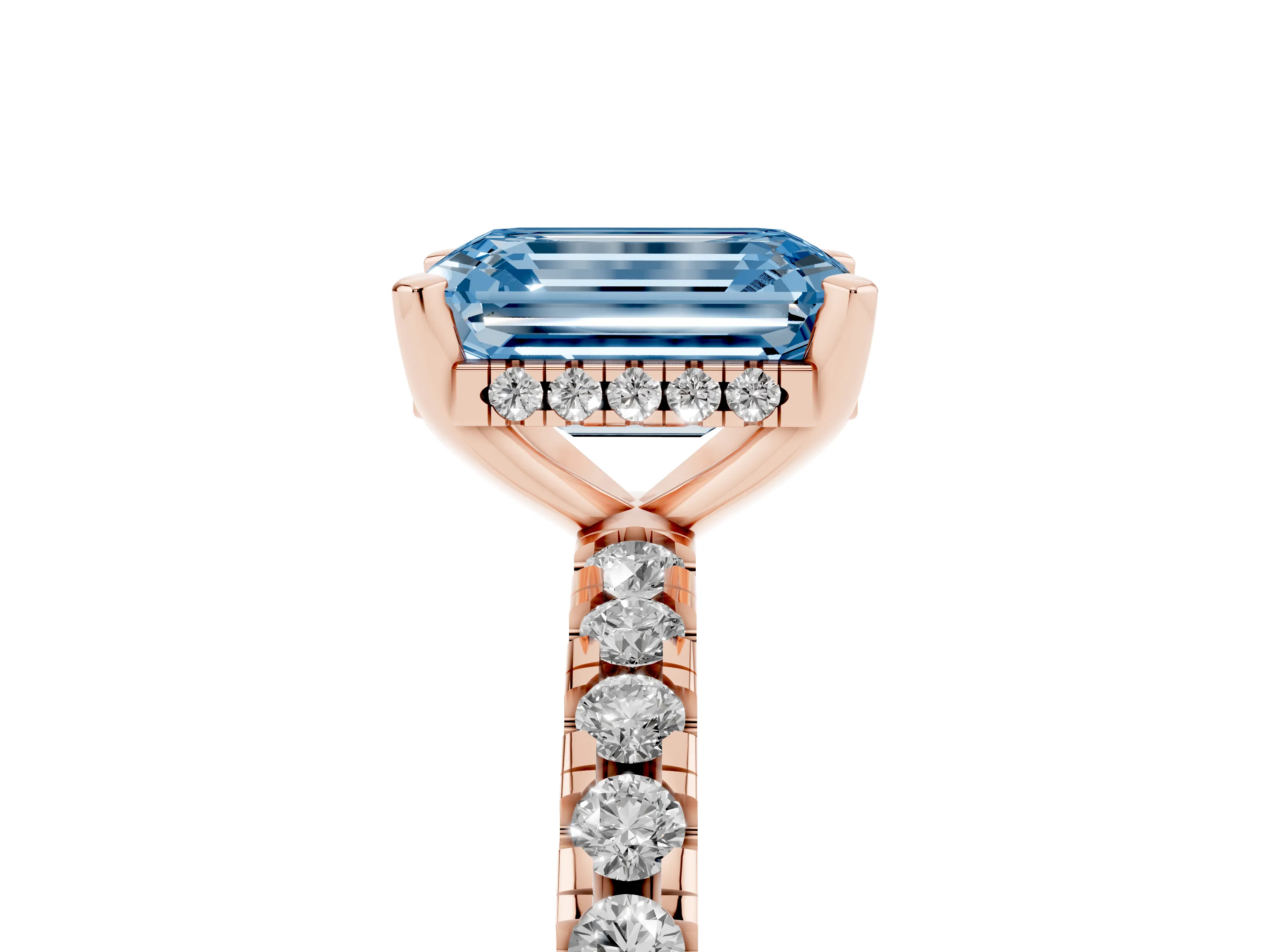 Fancy Blue Emerald Cut Diamond Pavé Solitaire Ring Set in Rose gold with Round Band Accents and Prong Setting