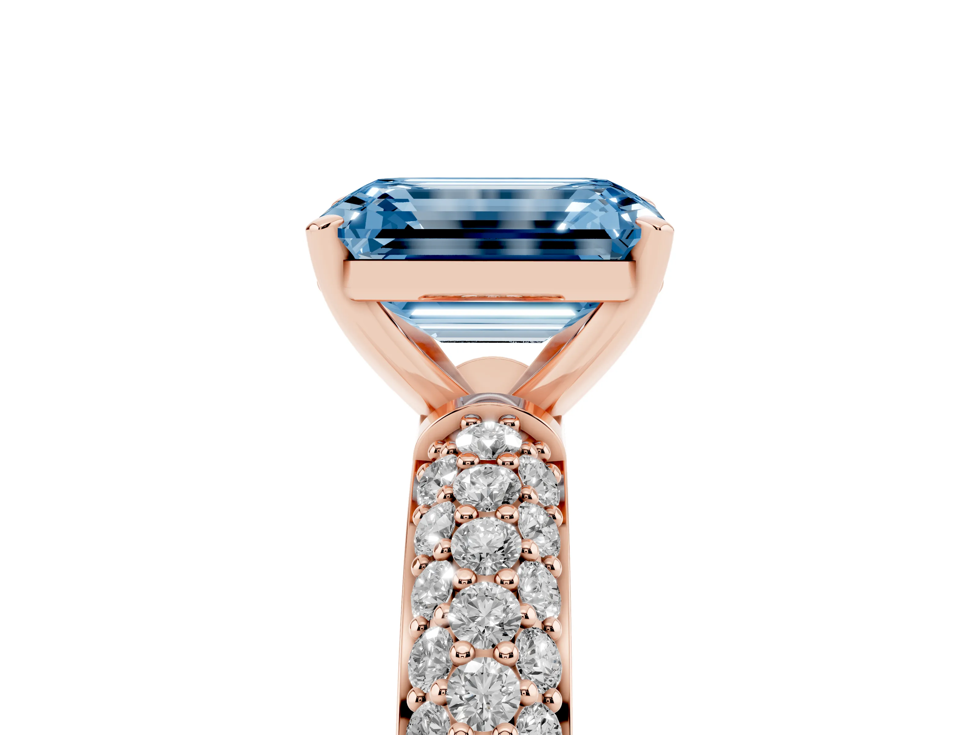 Fancy Blue Emerald Cut Diamond Solitaire Ring Set in Rose gold with Prong Setting and Pavé-Set Band