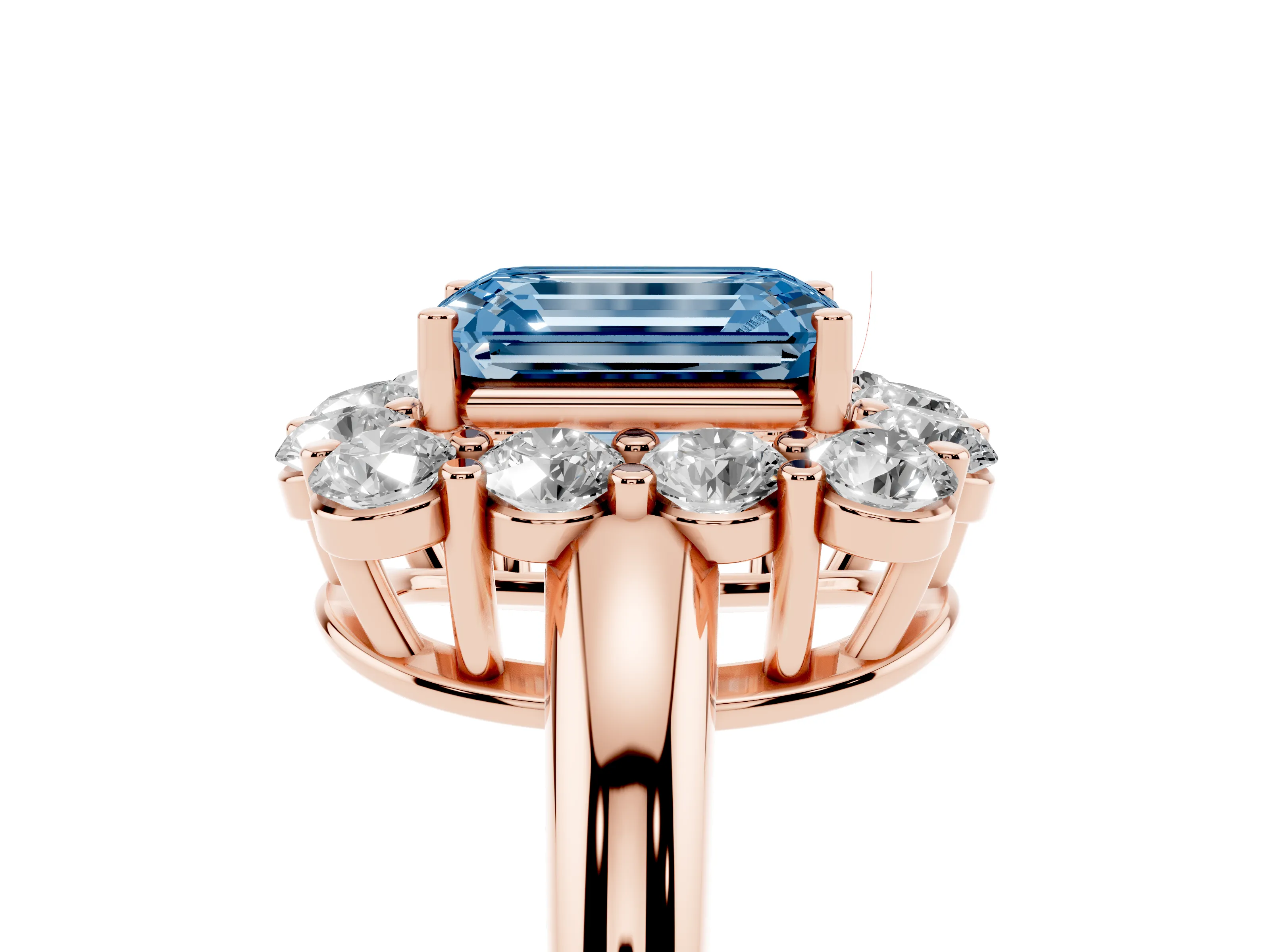 Fancy Blue Emerald Cut Diamond Halo Cluster Engagement Ring Set in Rose gold with Polished Band and Prong Setting