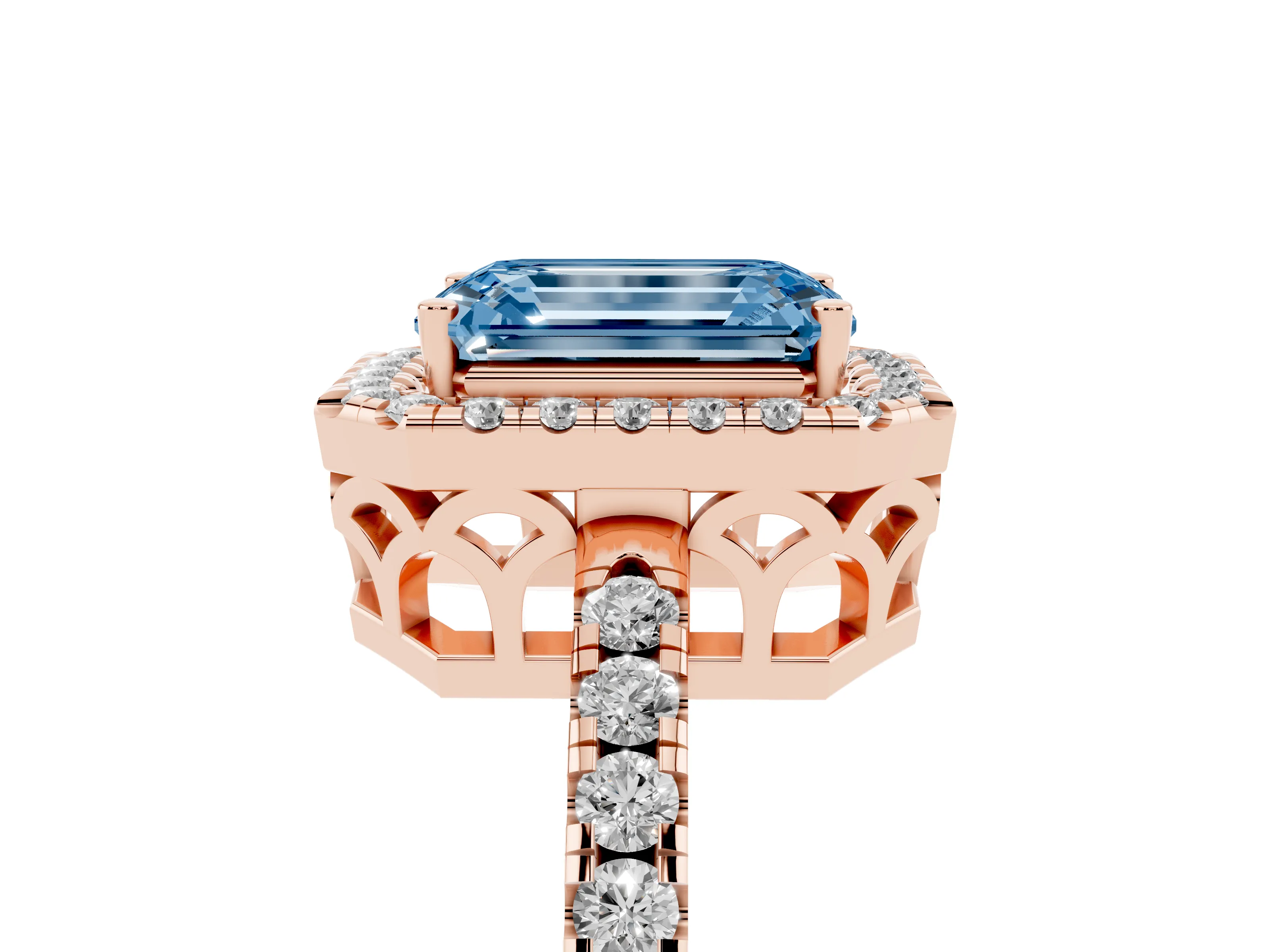 Fancy Blue Emerald Cut Diamond Pavé Band Halo Engagement Ring Set in Rose gold with Prong Setting