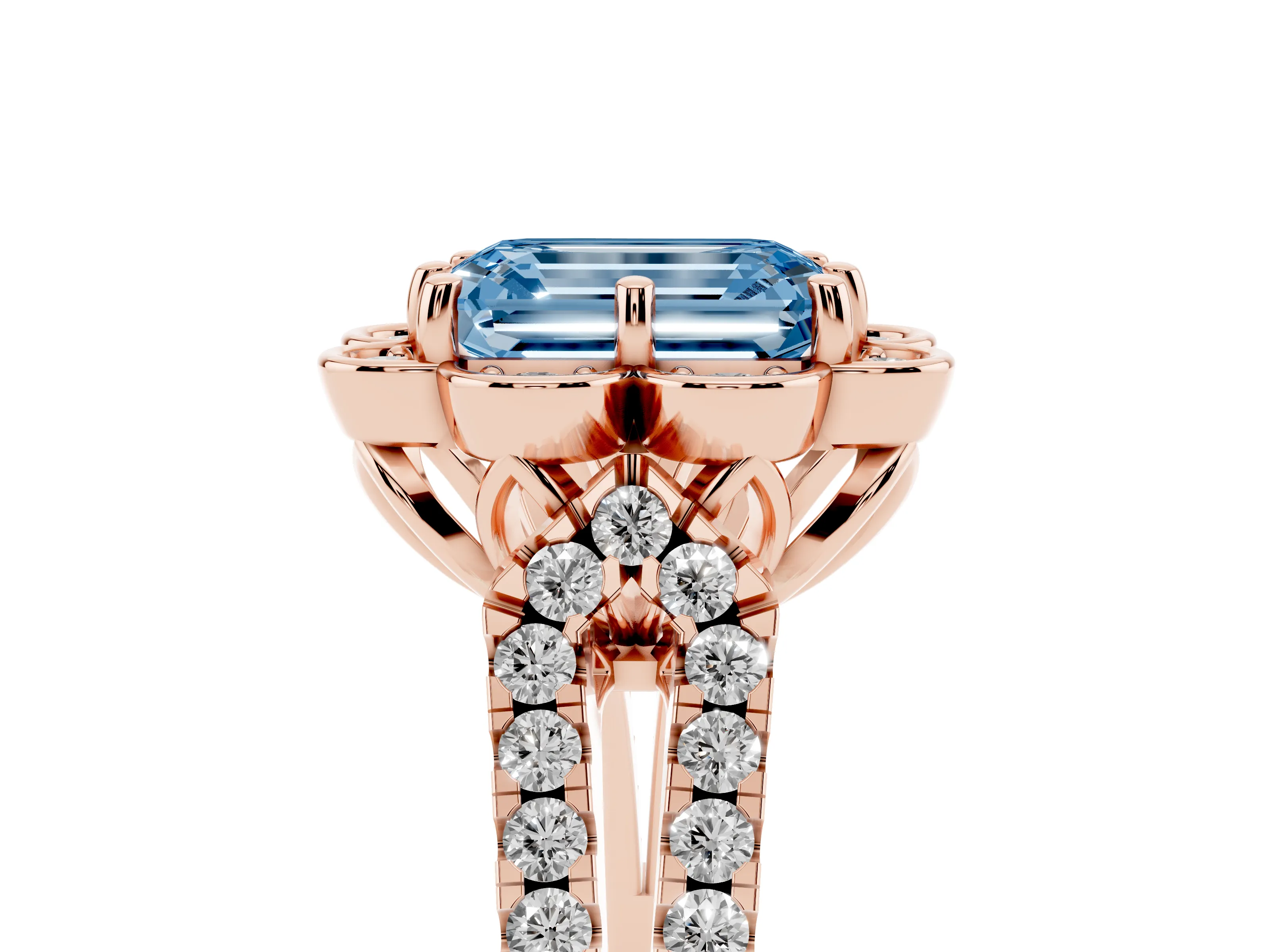 Fancy Blue Emerald Cut Diamond Floral Halo Split Shank Engagement Ring Set in Rose gold with Pavé Shank