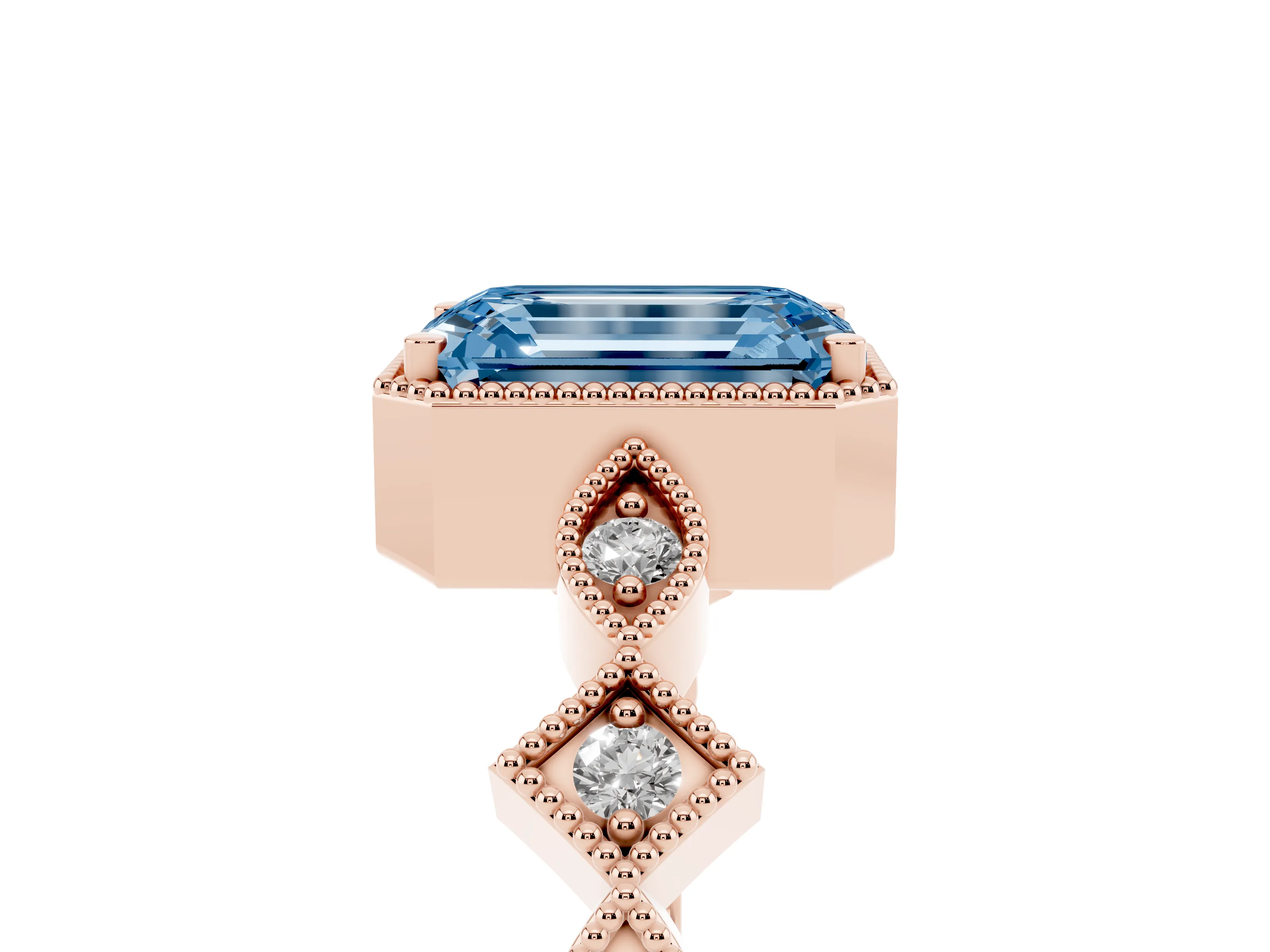 Fancy Blue Emerald Cut Diamond Milgrain Marquise Twist Band Ring Set in Rose gold with Prong Setting