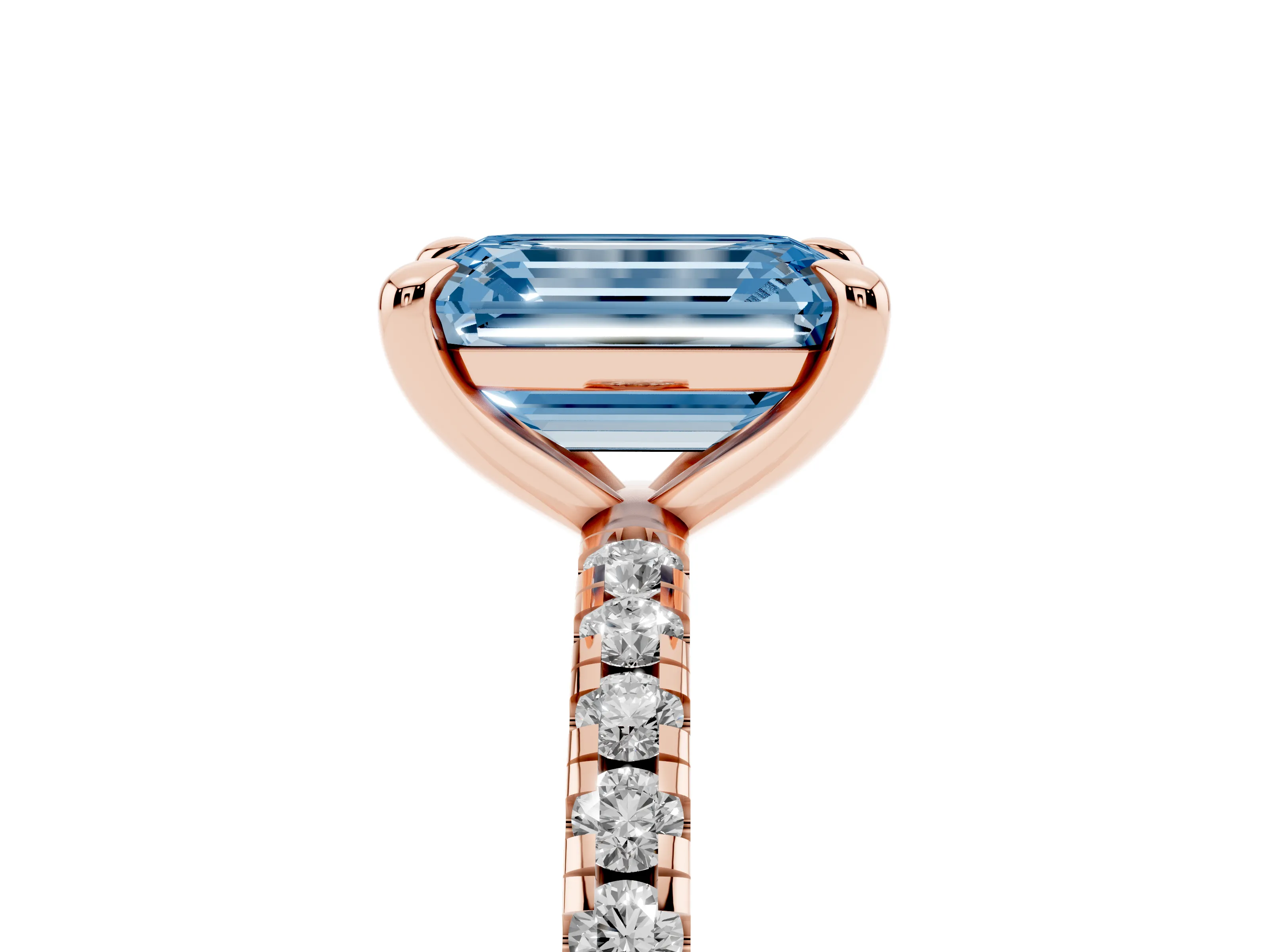 Fancy Blue Emerald Cut Diamond Brilliant Solitaire Ring Set in Rose gold with Pavé Band and Prong Setting