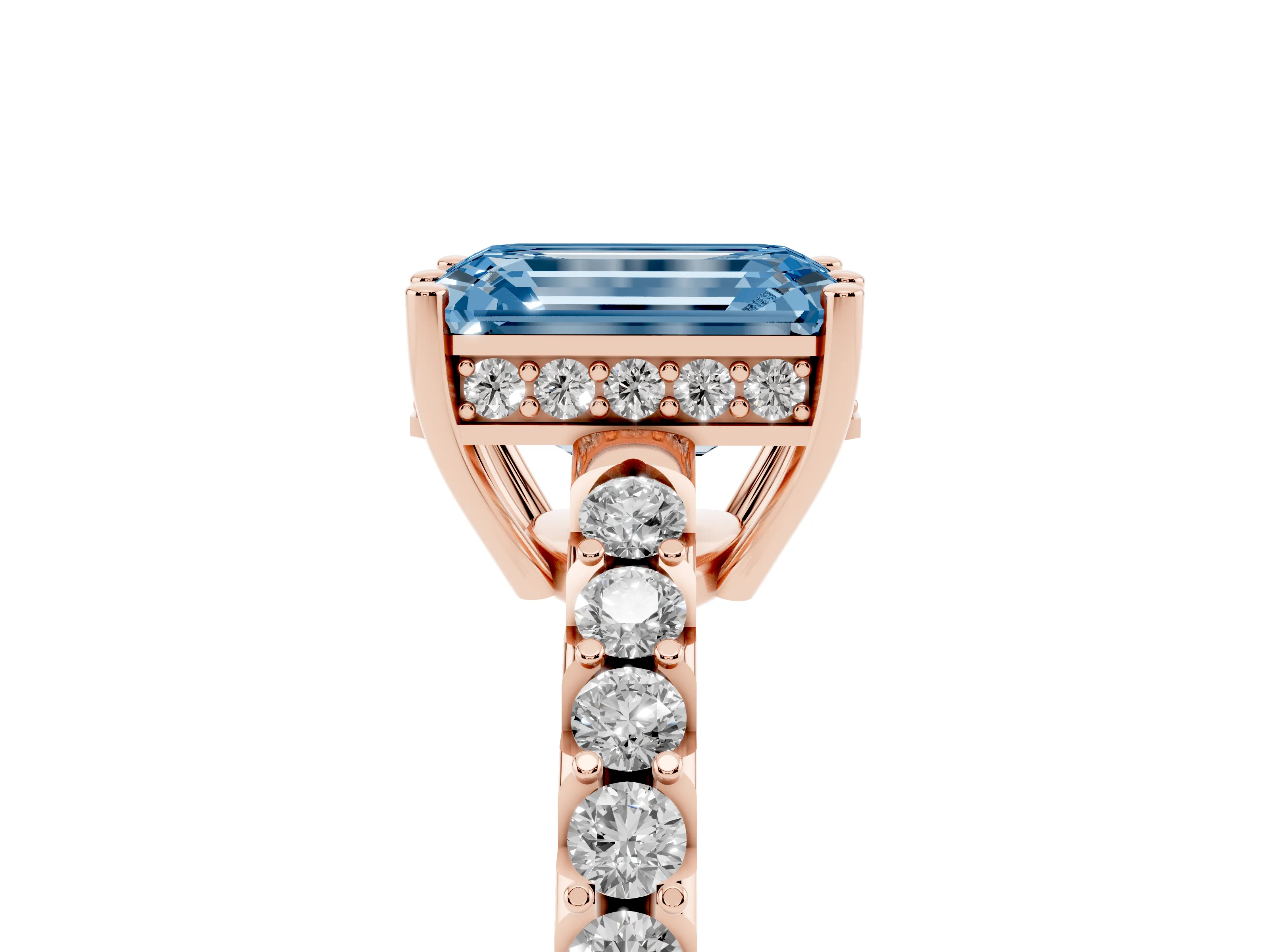 Fancy Blue Emerald Cut Diamond Solitaire Engagement Ring Set in Rose gold with Pavé Band and Prong Setting