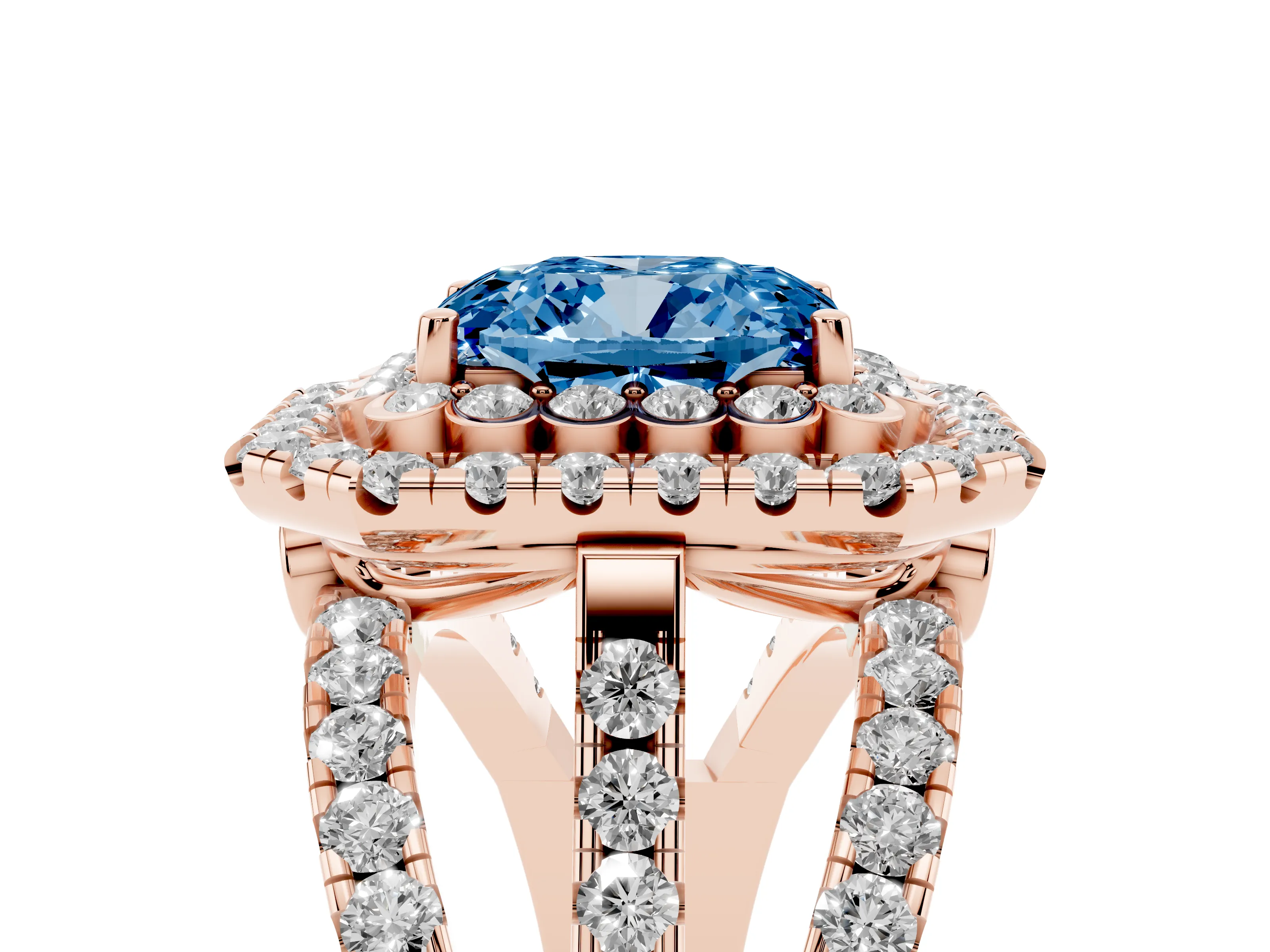 Fancy Blue Emerald Cut Diamond Double Halo Ring Set in Rose gold with Round Pavé Split Shank
