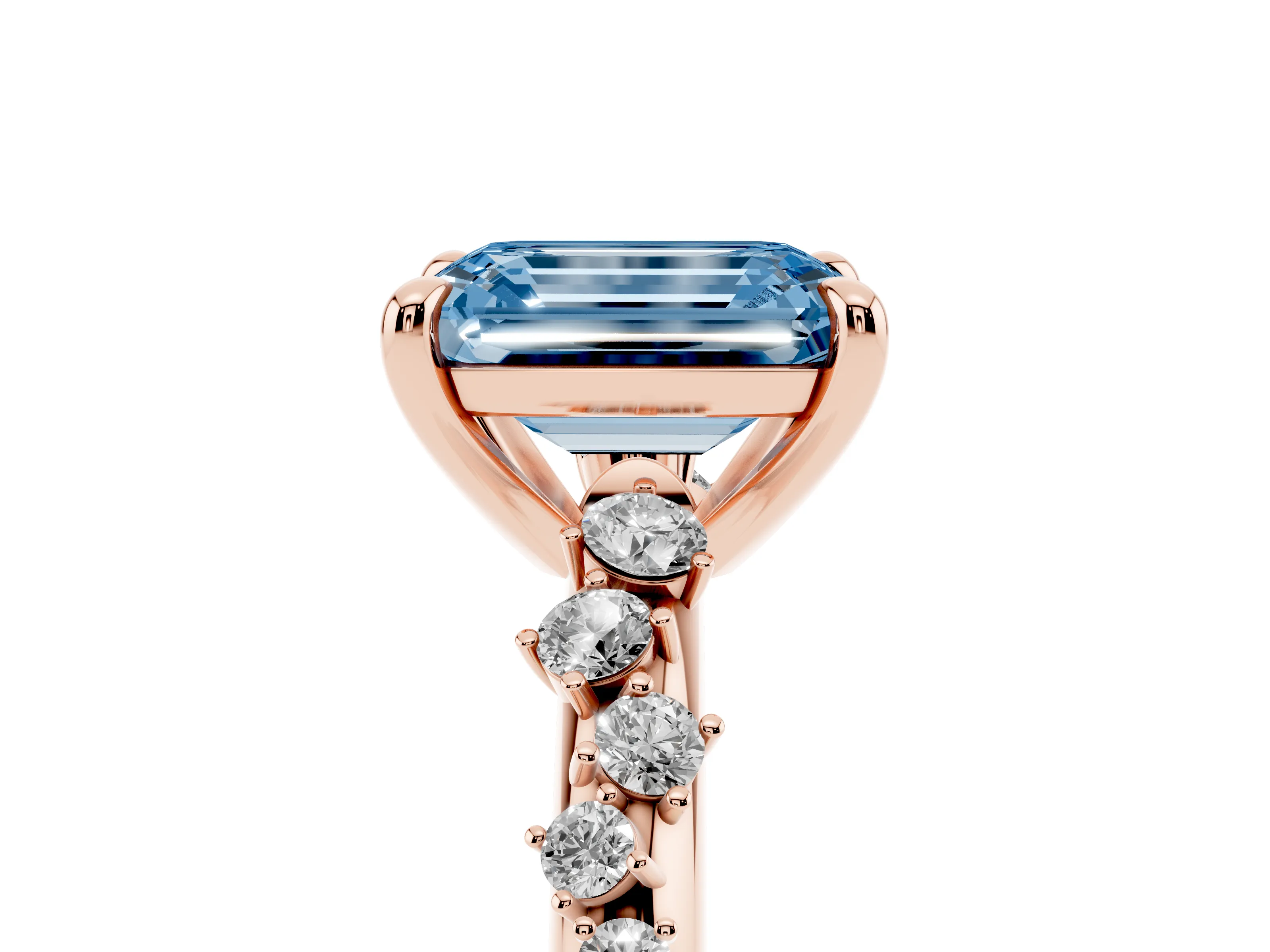 Fancy Blue Emerald Cut Diamond Solitaire Vine Band Ring Set in Rose gold with Round Accents and Prong Setting