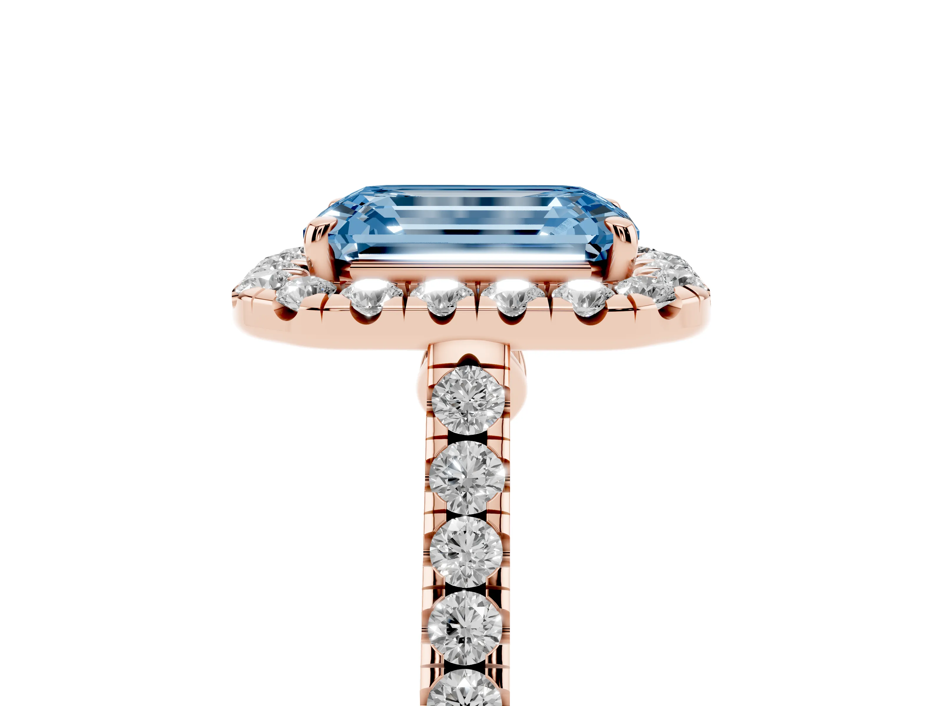 Fancy Blue Emerald Cut Diamond Halo Pavé Engagement Ring Set in Rose gold with Prong Setting