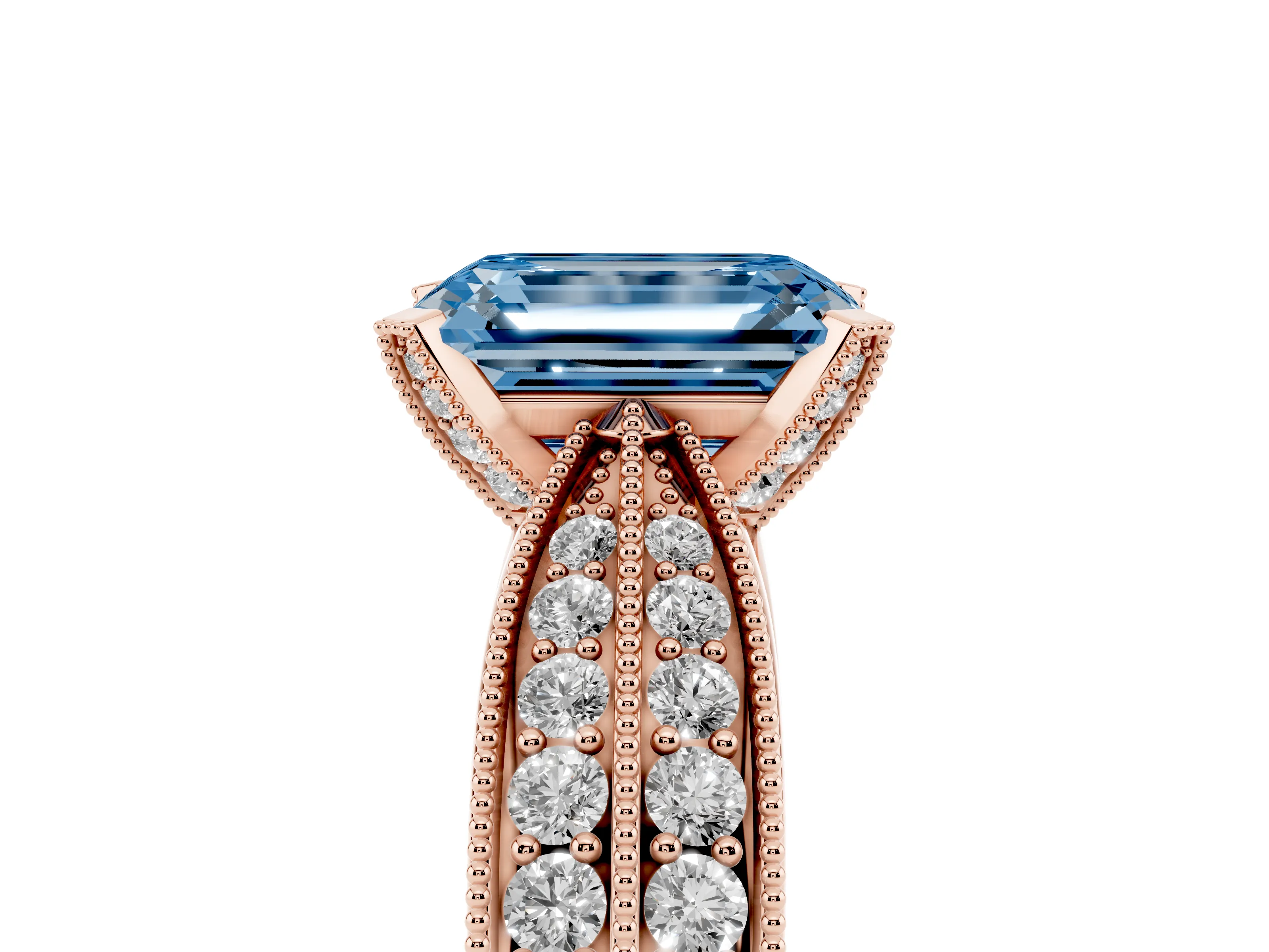 Fancy Blue Emerald Cut Diamond Solitaire Ring Set in Rose gold with Milgrain Double Row Round Pavé Band
