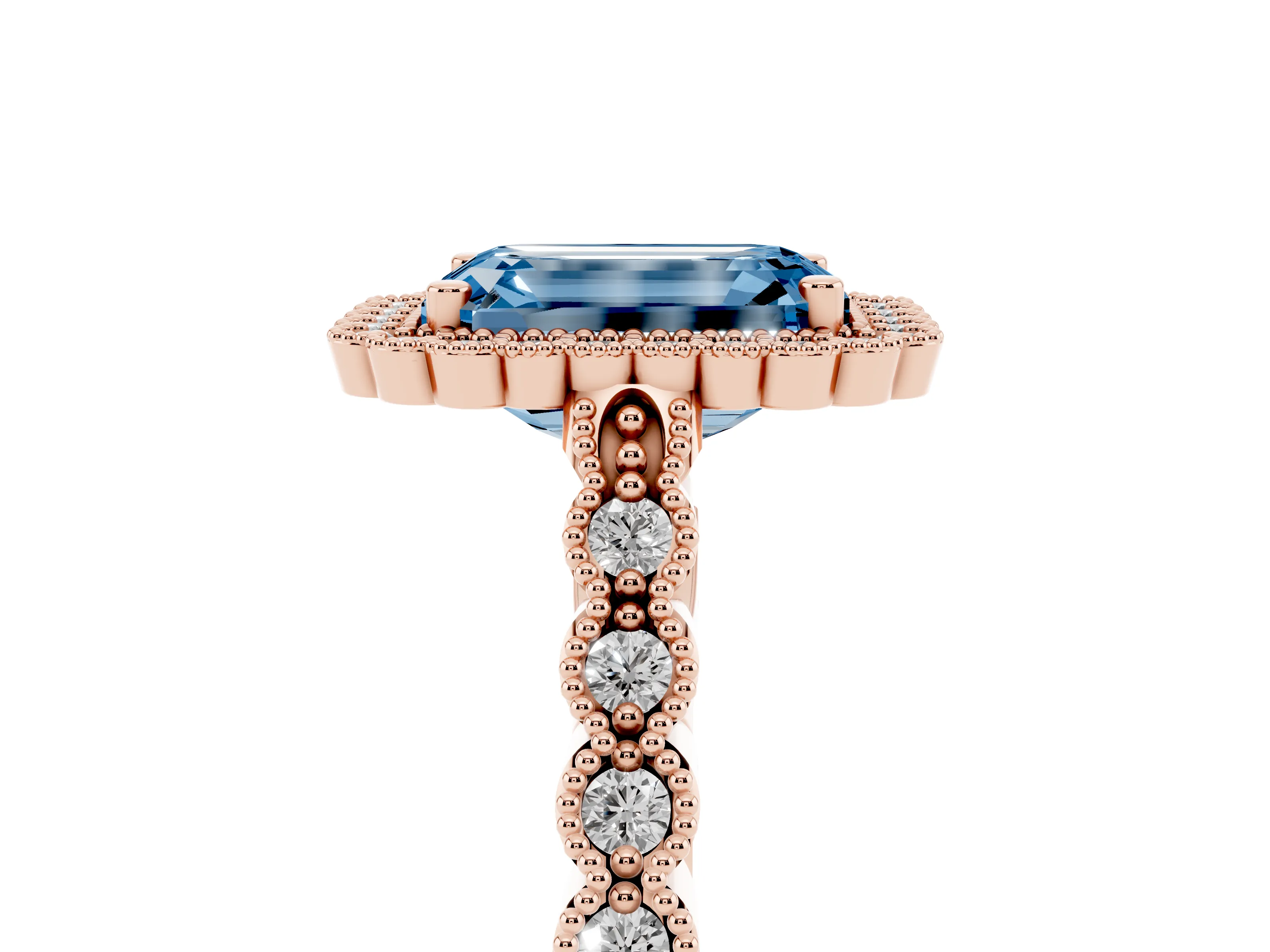 Fancy Blue Emerald Cut Diamond Halo Ring Set in Rose gold with Pavé Milgrain Band