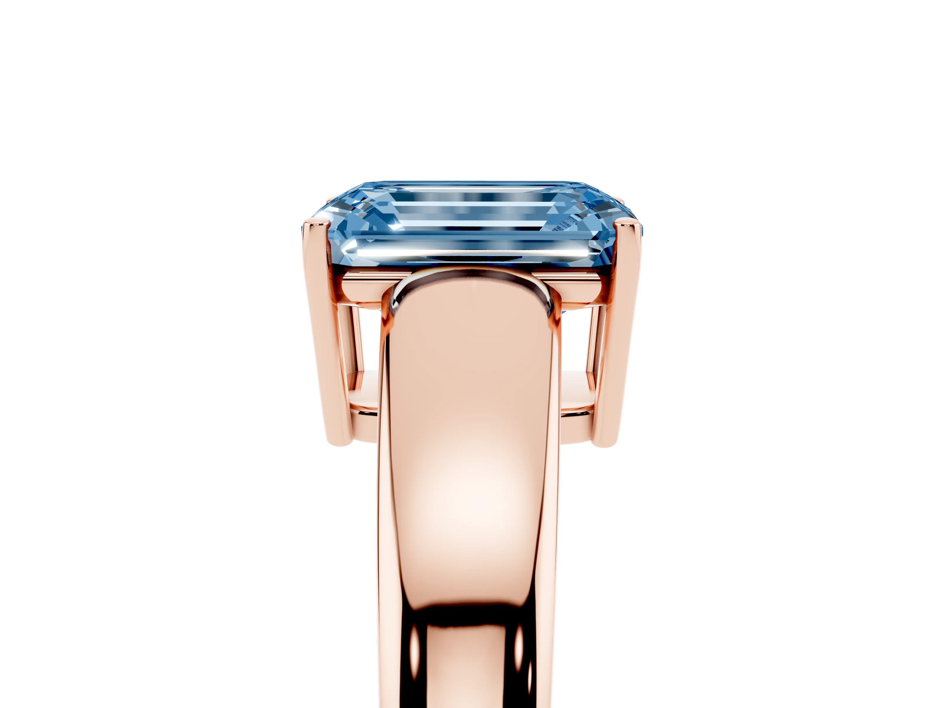 Fancy Blue Emerald Cut Diamond Solitaire Ring Set in Rose gold with Tapered Band and Prong Setting