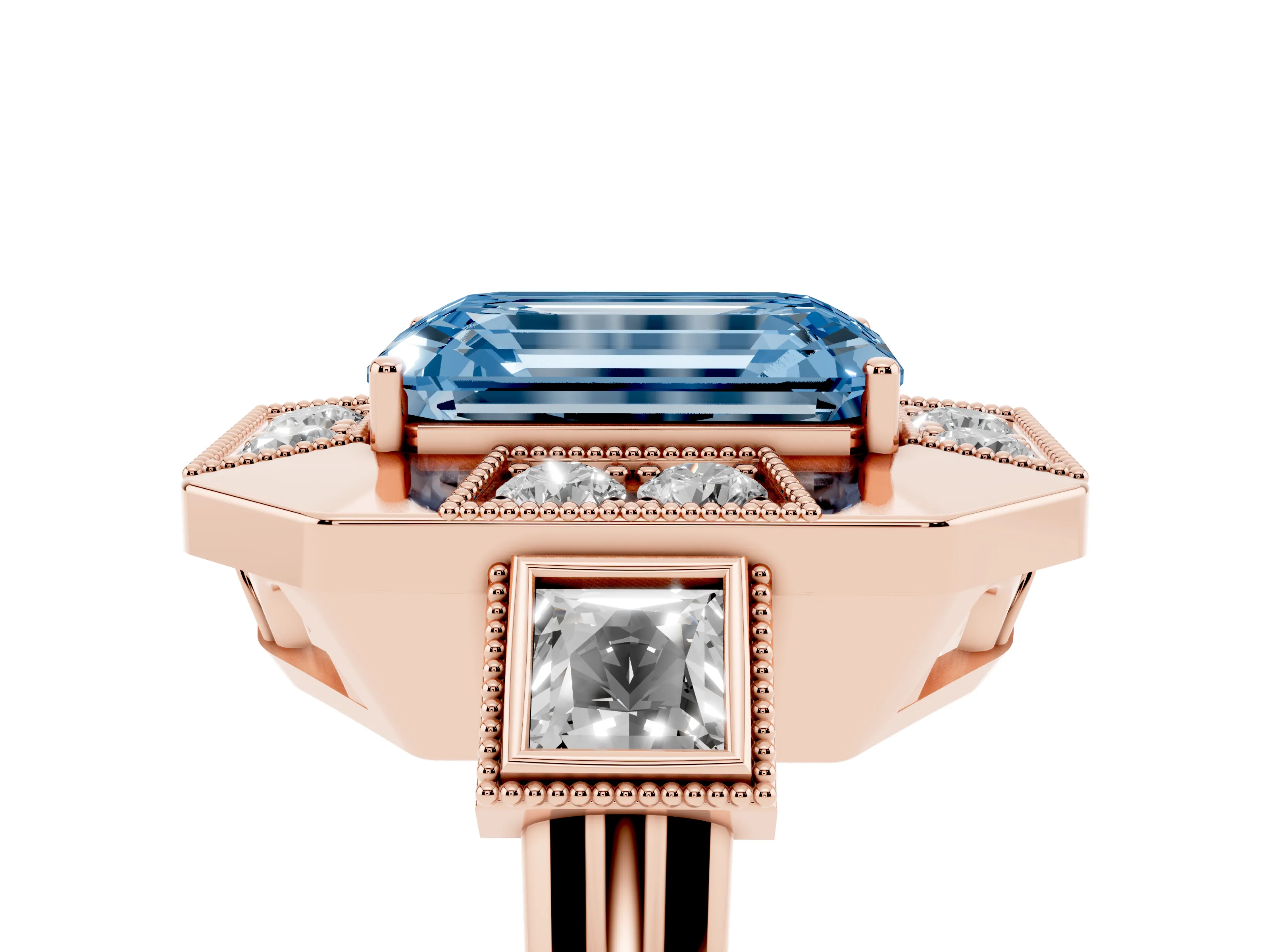 Fancy Blue Emerald Cut Diamond Milgrain Halo Ring Set in Rose gold with Split Shank
