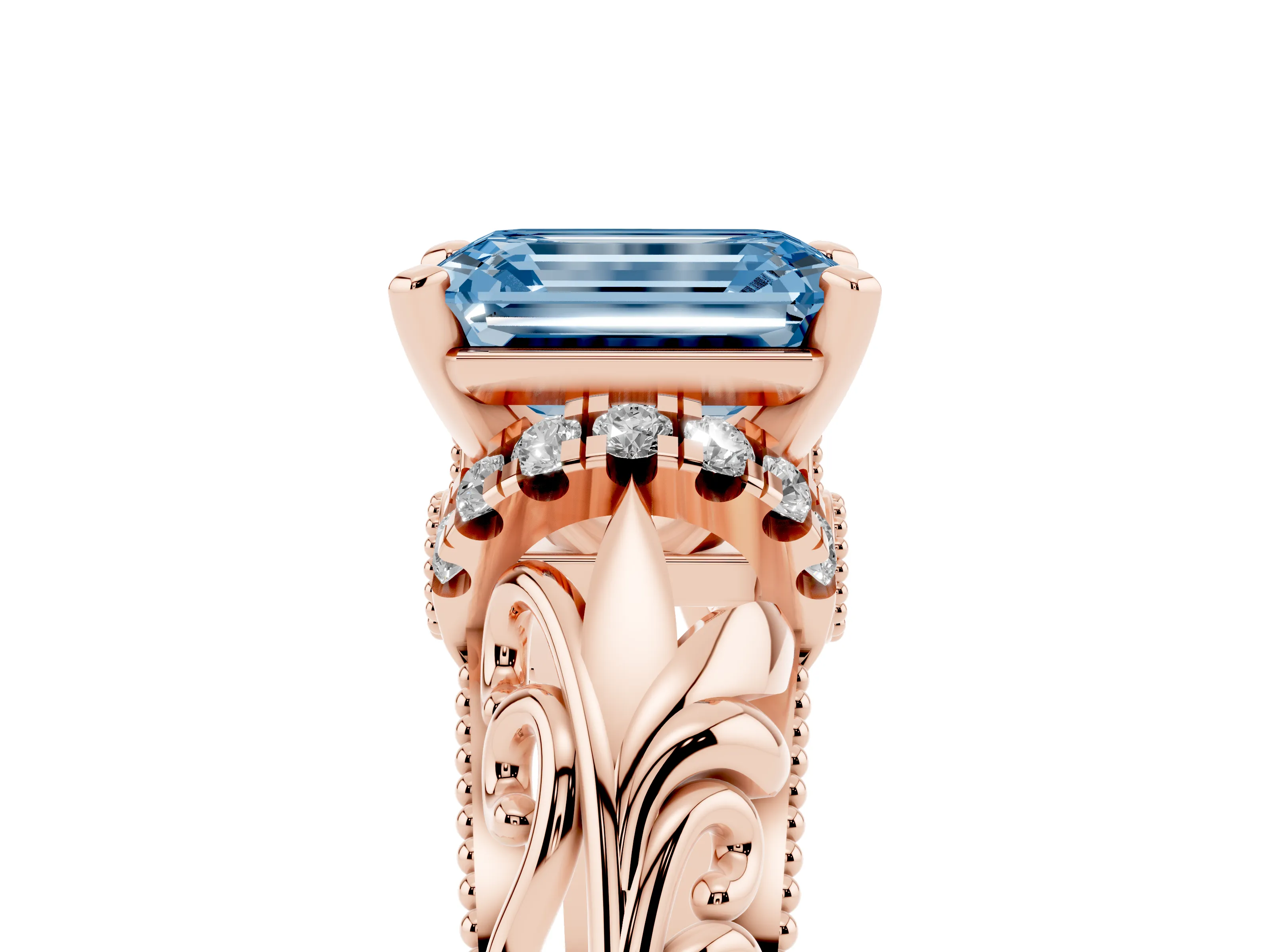 Fancy Blue Emerald Cut Diamond Filigree Halo Engagement Ring Set in Rose gold with Prong Setting