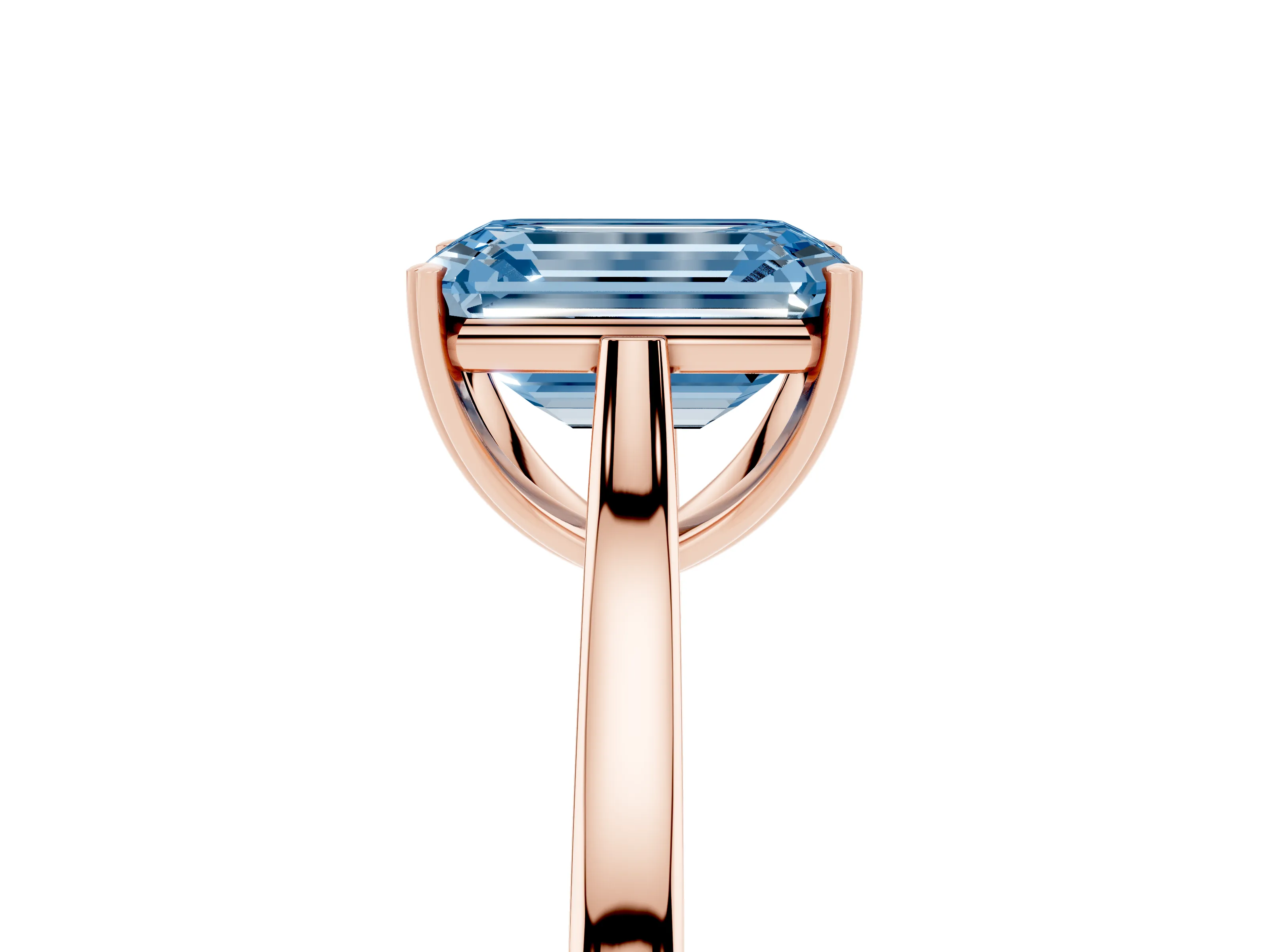 Fancy Blue Emerald Cut Diamond Solitaire Heart Prong Engagement Ring Set in Rose gold with Tapered Band