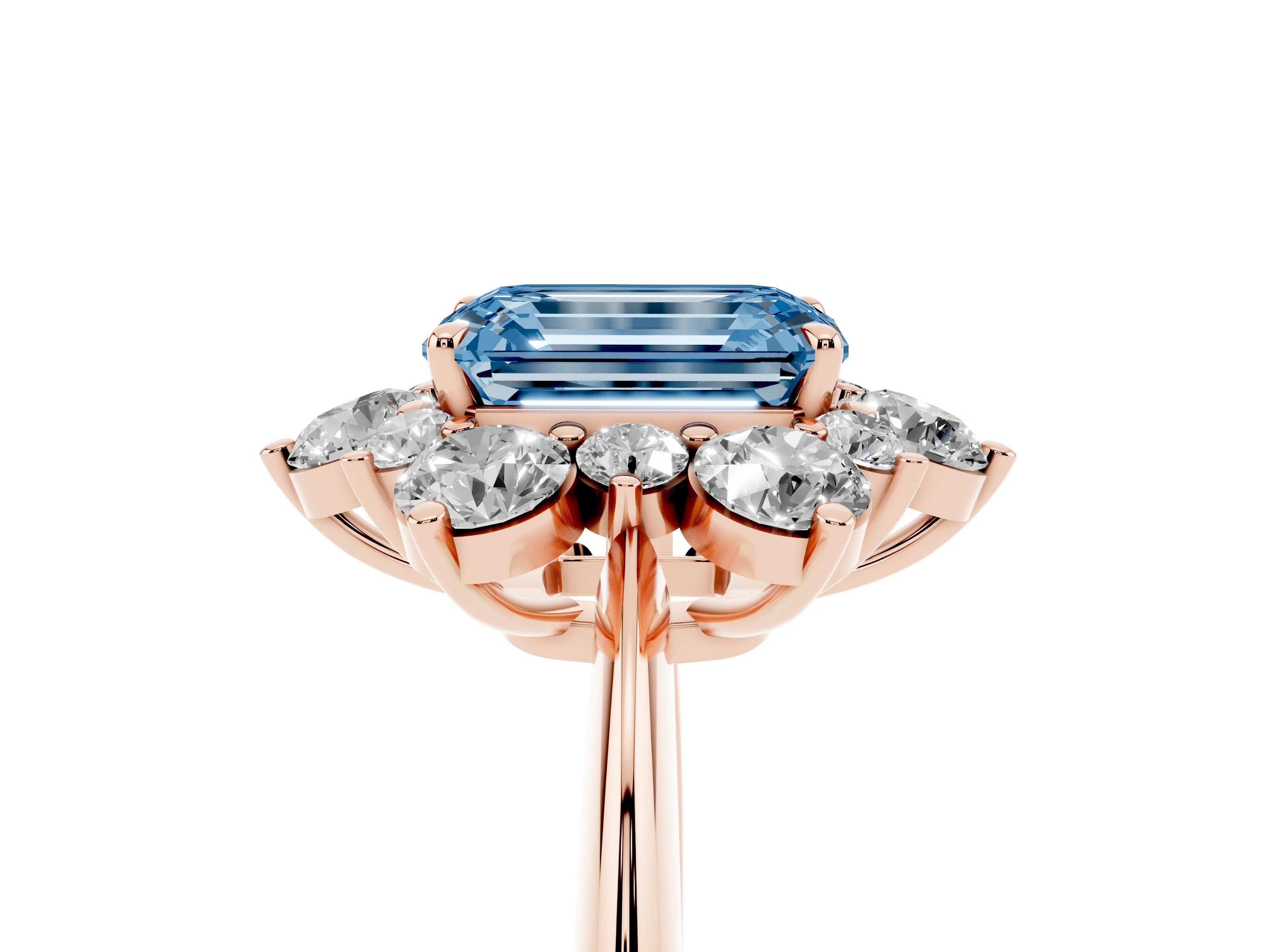 Fancy Blue Emerald Cut Diamond Cluster Halo Ring Set in Rose gold with Solitaire Band and Prong Setting