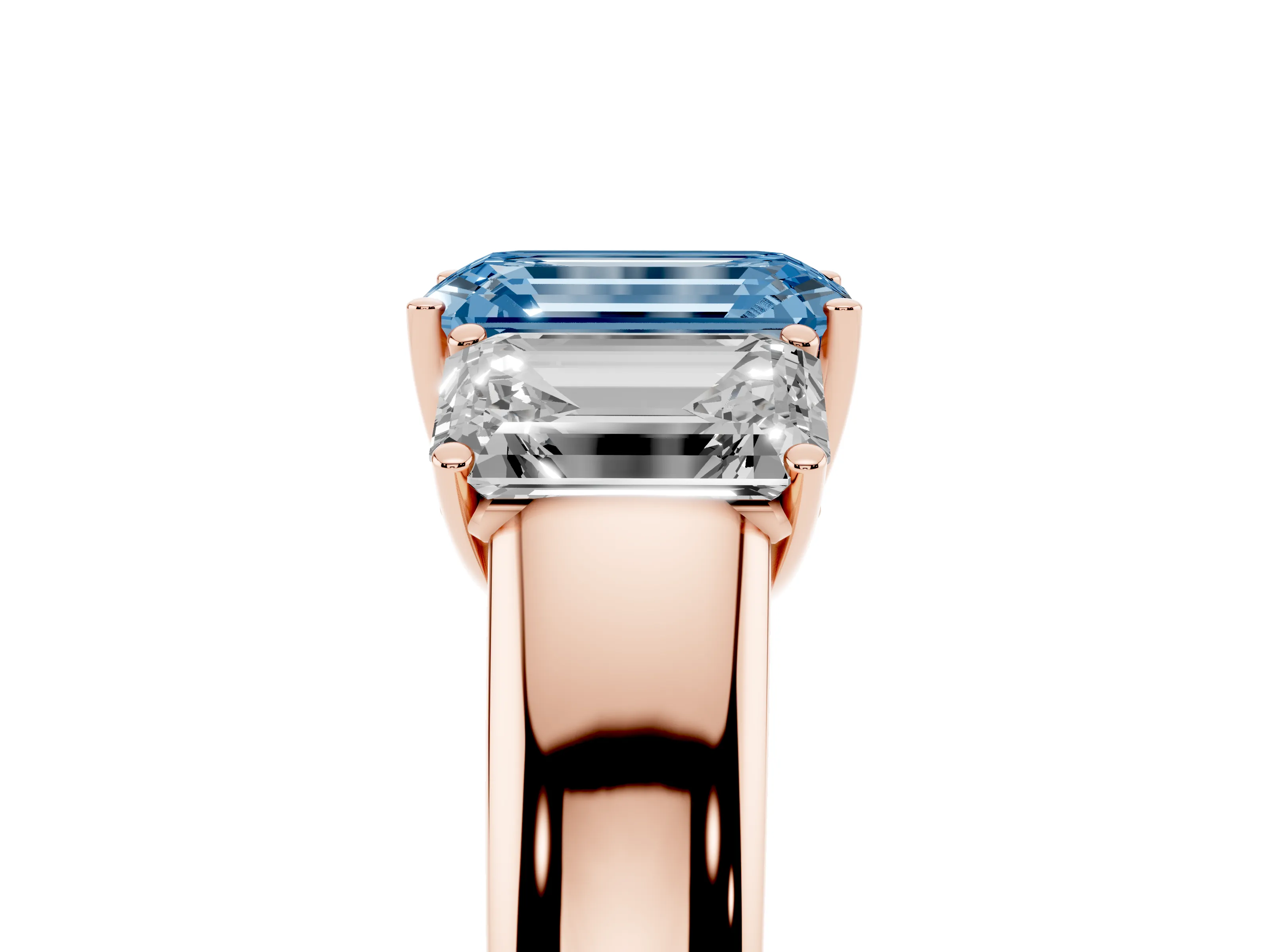 Fancy Blue Three-Stone Emerald Cut Diamond Ring Set in Rose gold with Matching Prong Settings and Plain Band