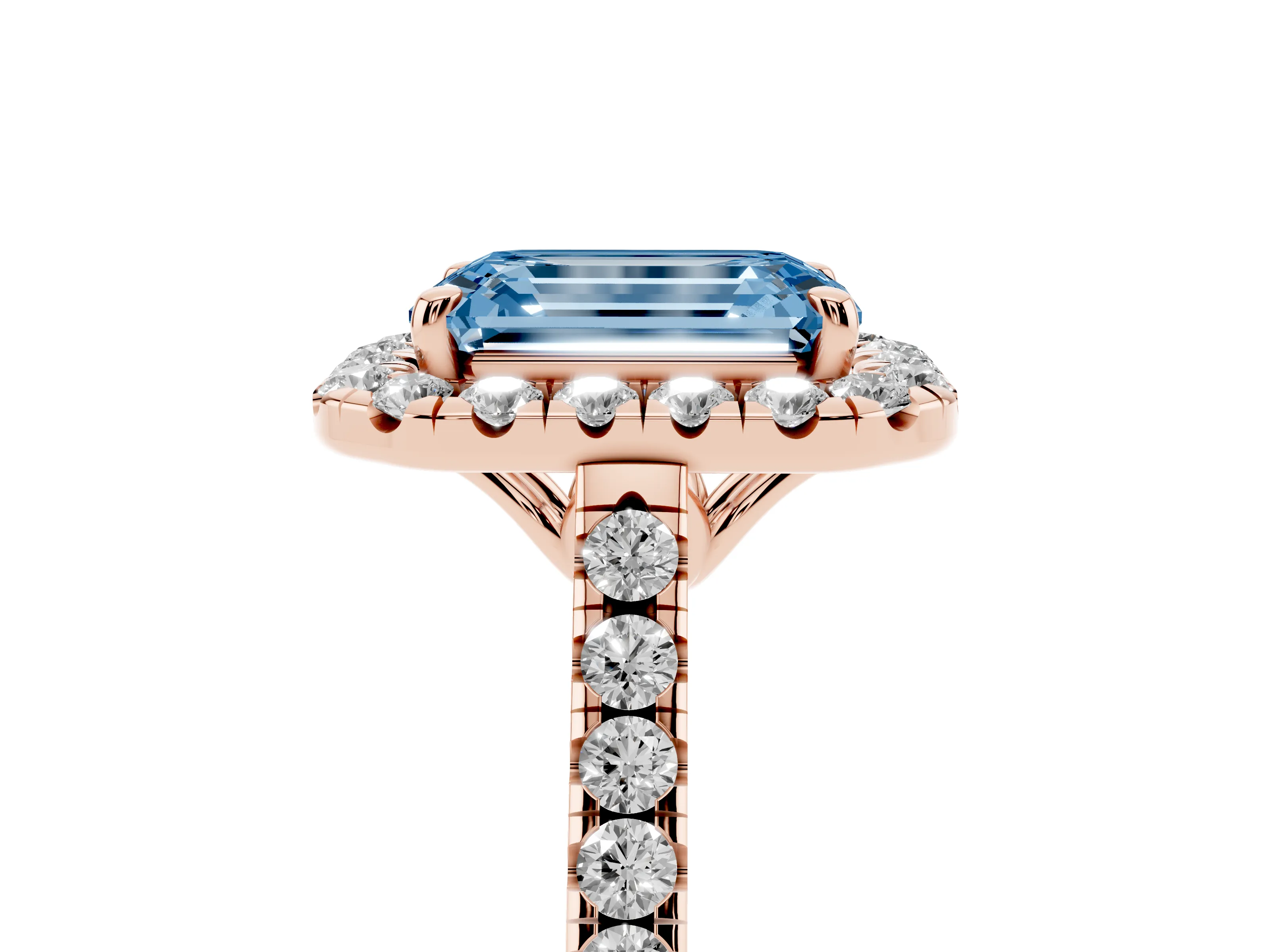 Fancy Blue Emerald Cut Diamond Pavé Halo Engagement Ring Set in Rose gold with Pavé Band and Prong Setting